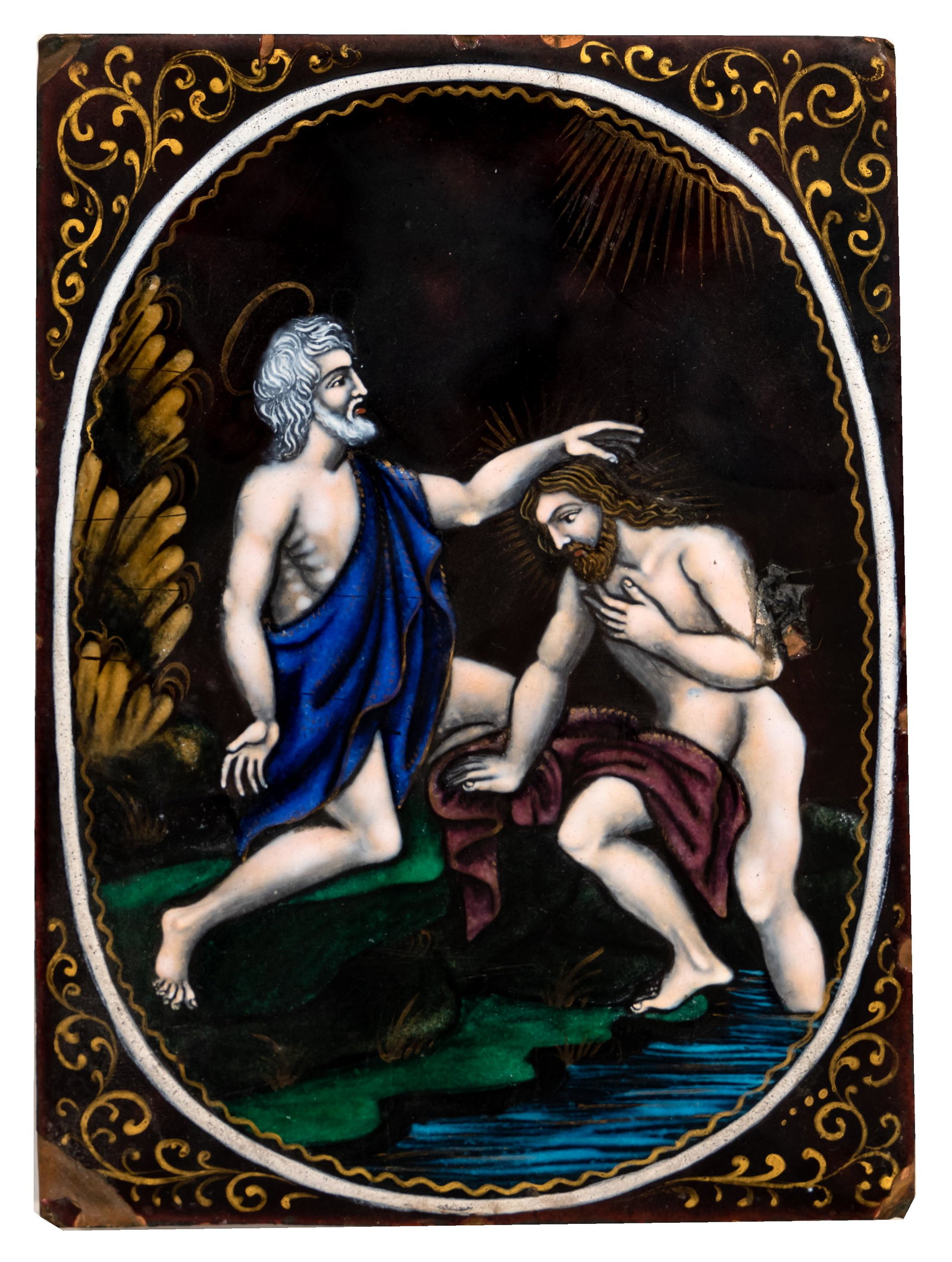Limoges 'Issac Blessing Jacob' Painted Enamel Plaque: Limoges 'Issac Blessing Jacob' Painted Enamel Plaque Rectangular polychrome painted enamel plaque having a cartouche style depiction of Isaac and Jacob Provena