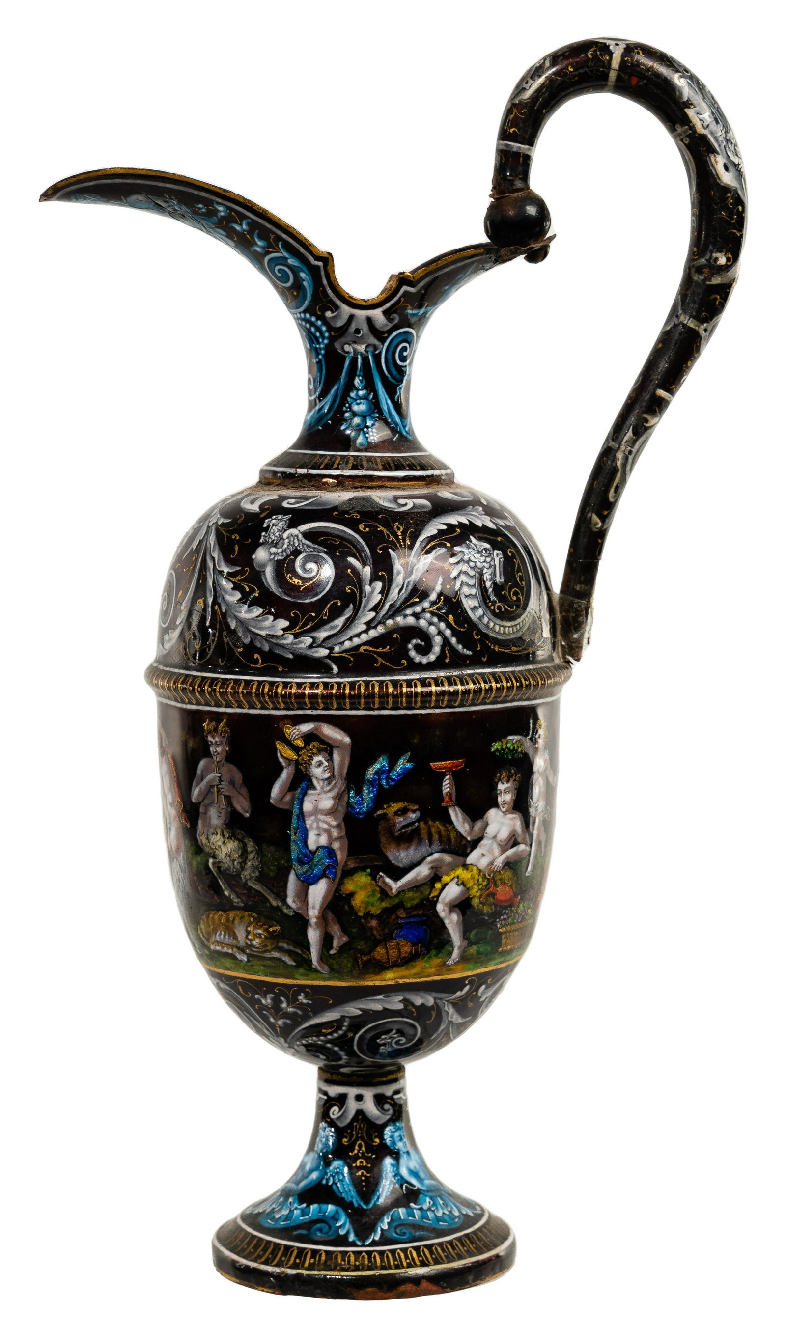 Limoges Renaissance-Style Painted Enamel Ewer: Limoges Renaissance-Style Painted Enamel Ewer Baluster form, polychrome painted with Bacchanalian scenes Provenance: Collection of Lucy and Stanley Lopata, St.