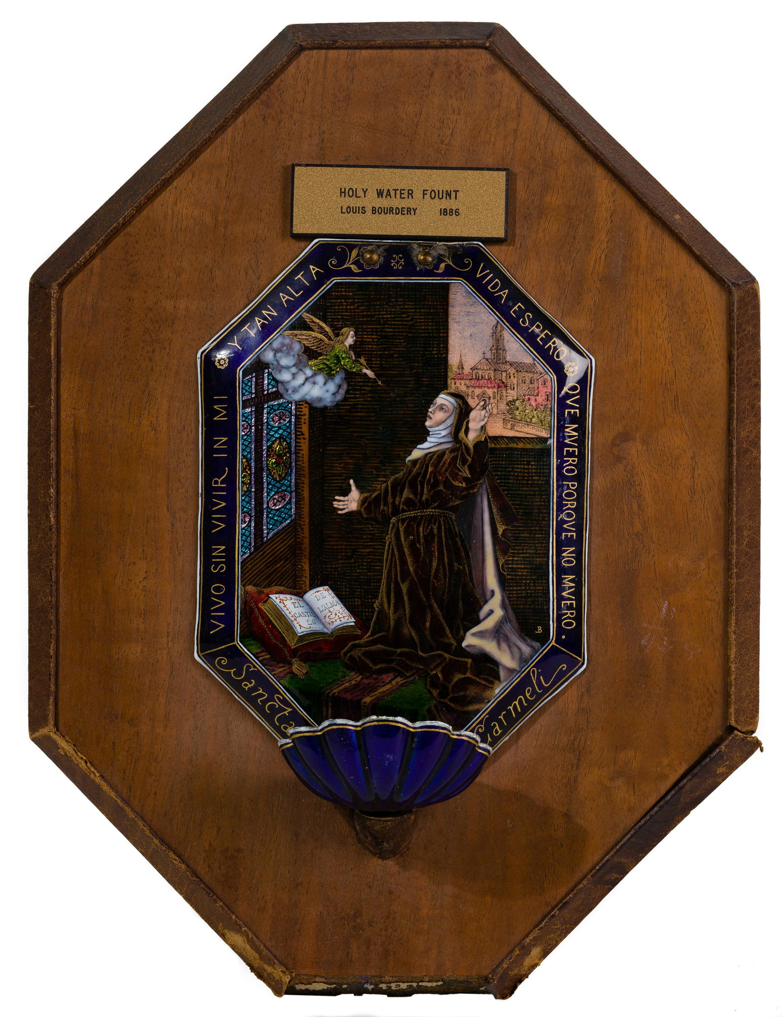Limoges 'Holy Water Font' Painted Enamel: Limoges 'Holy Water Font' Painted Enamel 1886 by Louis Bourdery (1852-1901), initialed 'LB' lower right quadrant, signed and dated on reverse; depicting a Carmelite nun
