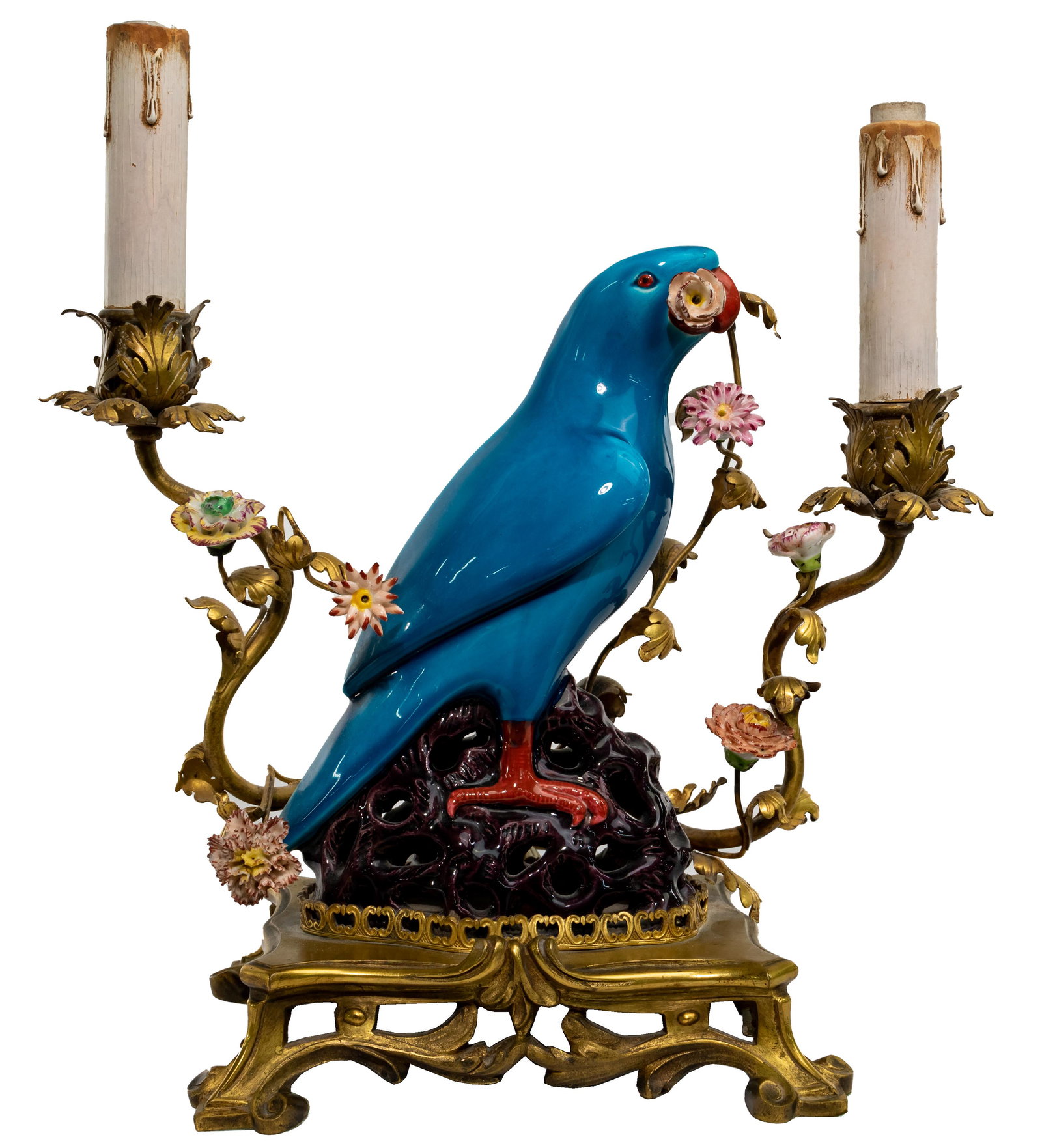 Chinese Ormolu Porcelain Parrot Vanity Lamp: Chinese Ormolu Porcelain Parrot Vanity Lamp Having a central porcelain parrot surrounded by porcelain flowers on ormolu stems with one stemmed flower in the beak, flank