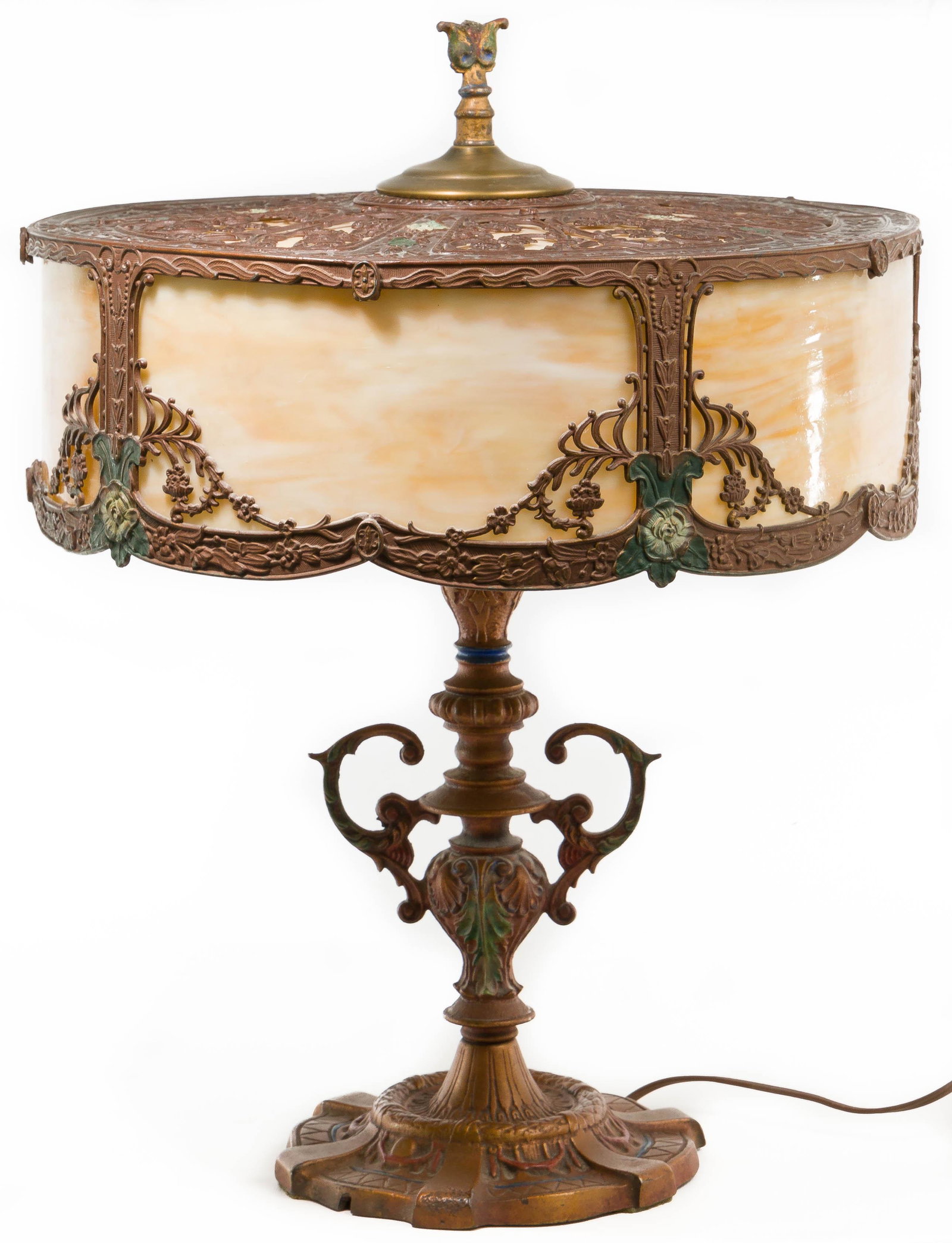 Art Nouveau Slag Glass Table Lamp: Art Nouveau Slag Glass Table Lamp Having amber and white slag panels set in a floral and geometric themed frame, elevated on a cast metal circular base with a neoclassi