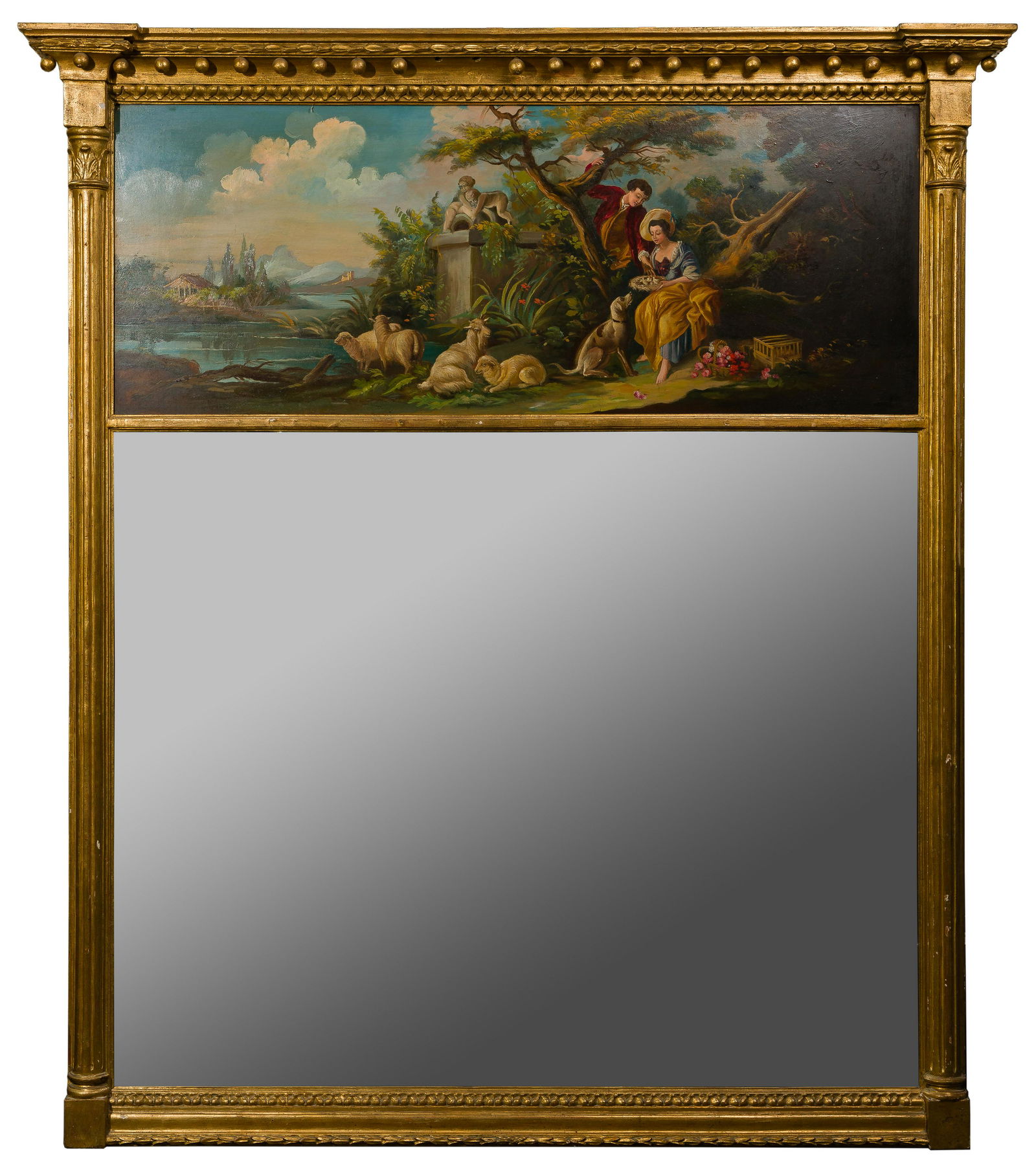 Trumeau Mirror: Trumeau Mirror 20th century, having an oil on Masonite pastoral scene of figures in a landscape over a rectangular mirror within an ornate neoclassical-style gilt frame