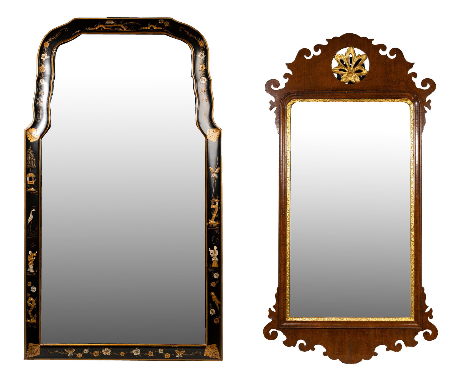 Wood Framed Mirrors: Wood Framed Mirrors (2) wall mirrors including a Chippendale style having medium-tone wood frame with gilded decoration; and an Asian style having a bell-shaped top wit