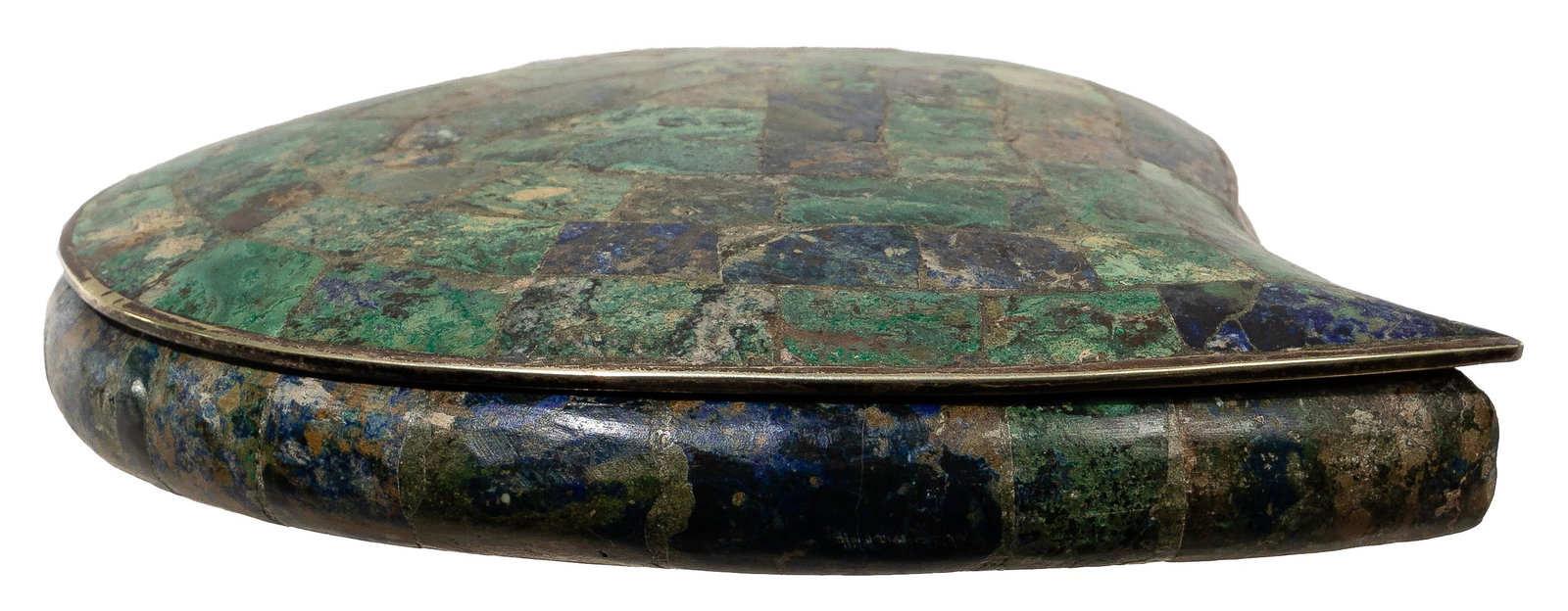 Los Castillo Silver and Stone Inlay Heart Box: Los Castillo Silver and Stone Inlay Heart Box Hinged-lid box having a heart shape, exterior stone mosaic decoration and silver interior; maker's mark and stamped 'Handw