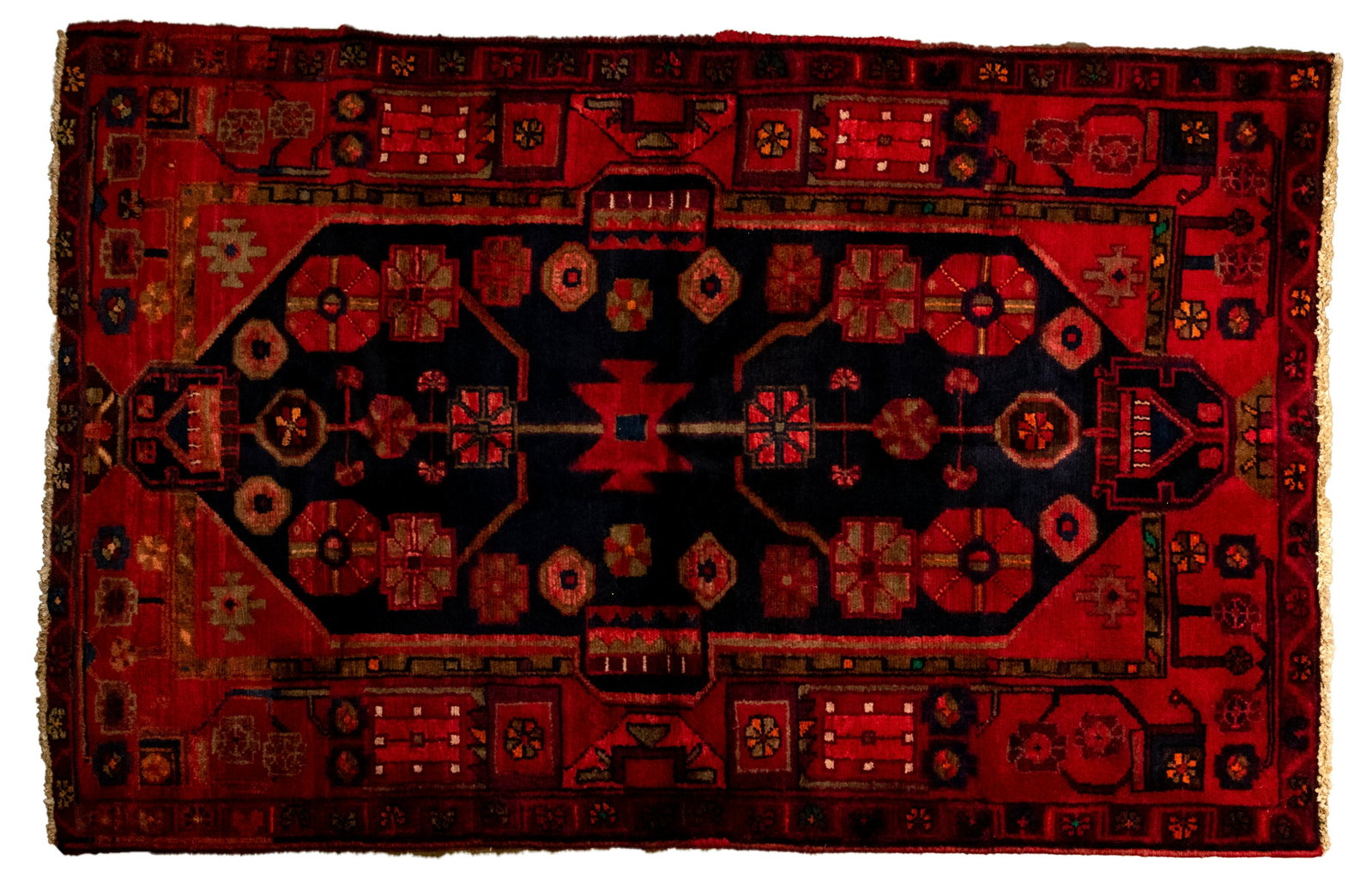 Wool Area Rug: Wool Area Rug Woven rug having a red field with a geometric botanical motif in shades of blue, green and ivory; short fringe Length: 66 inches, Width: 45 1/2 i