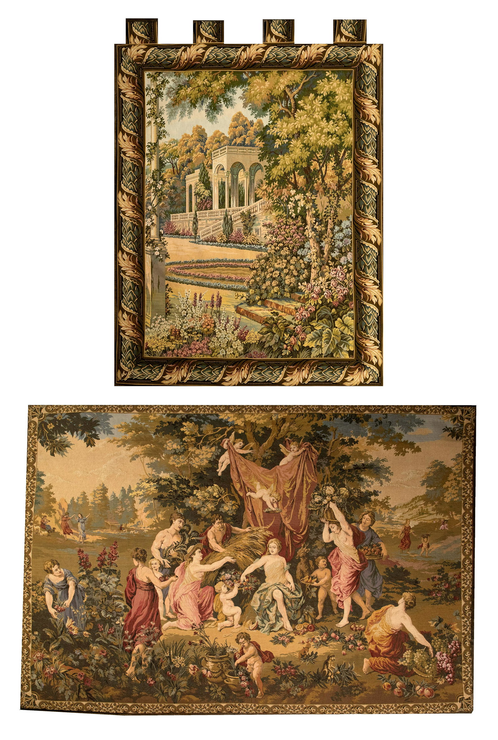 Woven Tapestry: Woven Tapestry (2) items including a woven depiction of Jan Brueghal's painting the 'Allegory of Abundance'; and 'Italian Garden Temple' from the gardens of the Villa d