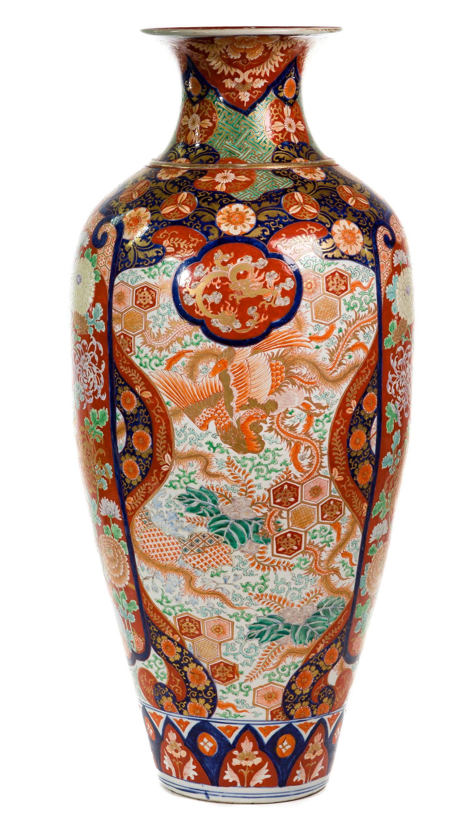 Japanese Imari Floor Vase: Japanese Imari Floor Vase Having hand-painted blue, rust, white and cream floral motif with gold accents and bulbous shape Property from: a Chicago, Illinois e