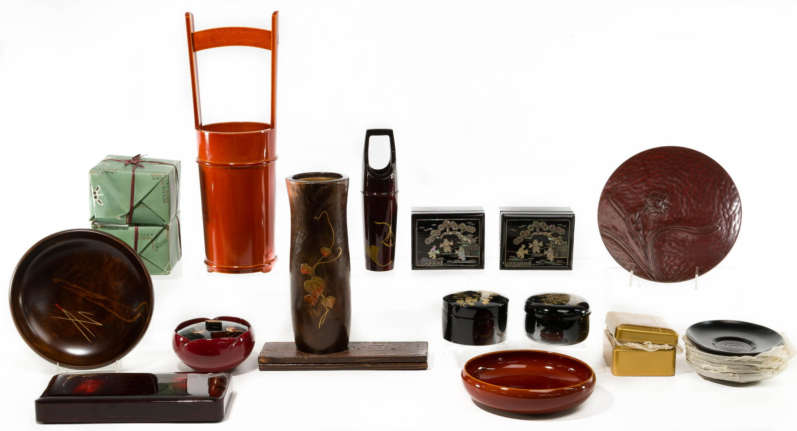 Japanese Lacquerware and Wood Assortment: Japanese Lacquerware and Wood Assortment (47) Aizu style items including (4) round black containers each holding (6) small dishes, both container lids and top surface o