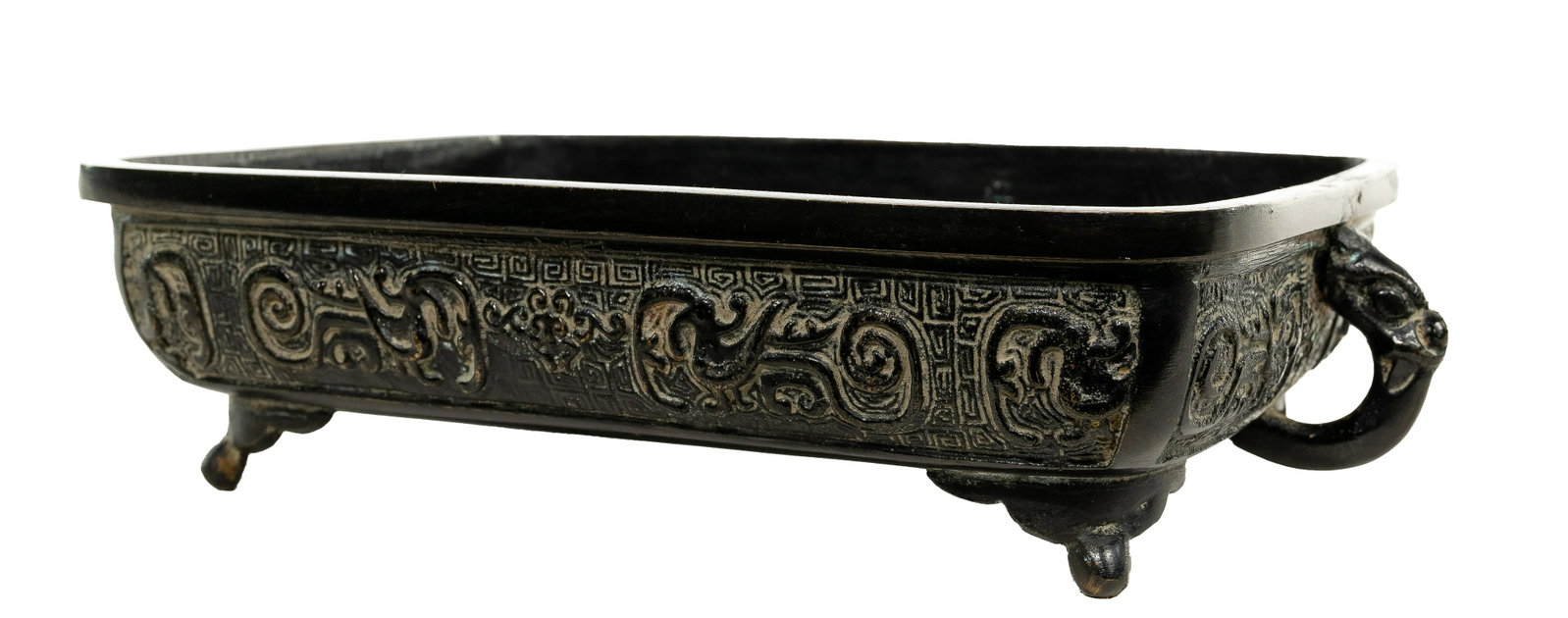 Japanese Suiban Bronze Bonsai Tray: Japanese Suiban Bronze Bonsai Tray Having phoenix and scroll decorative panels on all sides, beast head handles at ends, resting on (4) knobbed bracket feet and bearing
