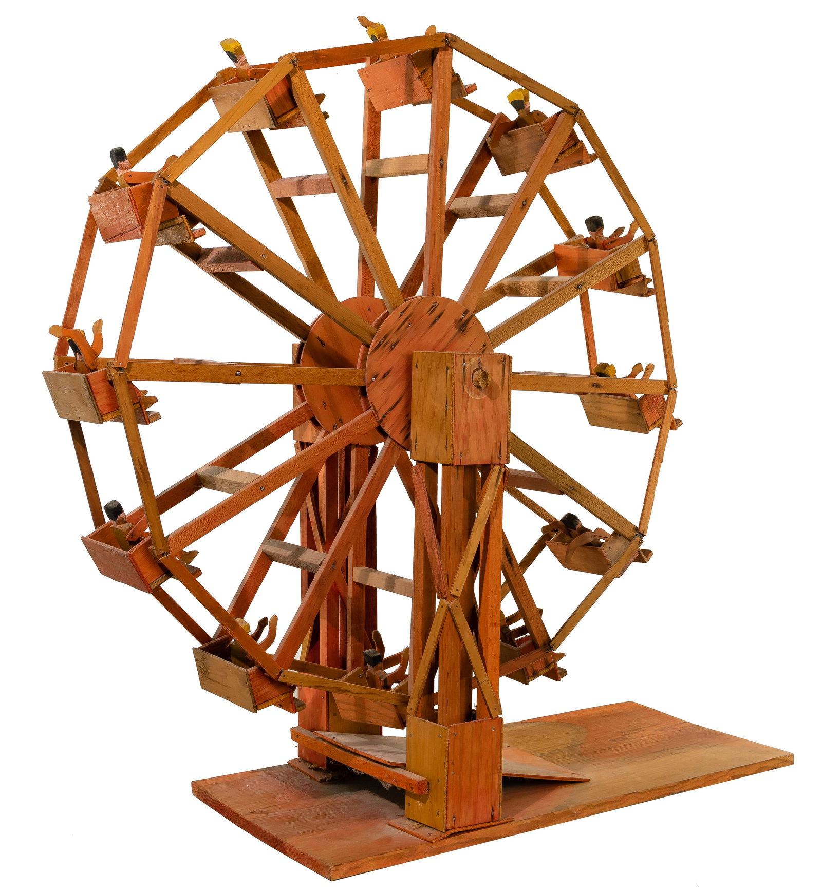 Mexican Folk Art Ferris Wheel: Mexican Folk Art Ferris Wheel Having (12) seats suspended by metal wires, each including a painted rider with moveable arms and legs; the Ferris Wheel turns via a rope