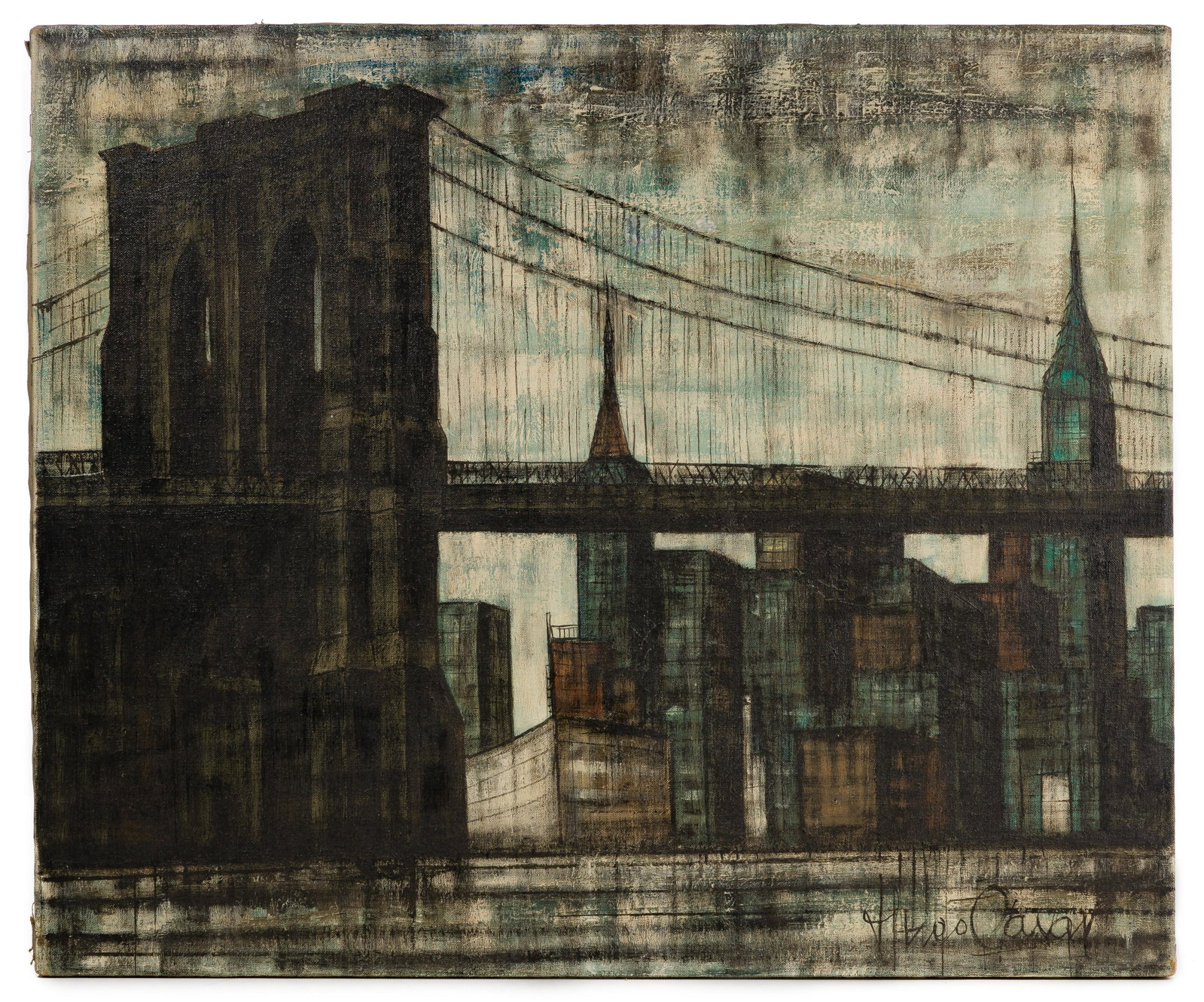 Hugo Casar (German / American, 1911-1975) Oil on Canvas: Hugo Casar (German / American, 1911-1975) Oil on Canvas Undated, signed lower right, depicting a view of New York City and the Brooklyn bridge Property from: a