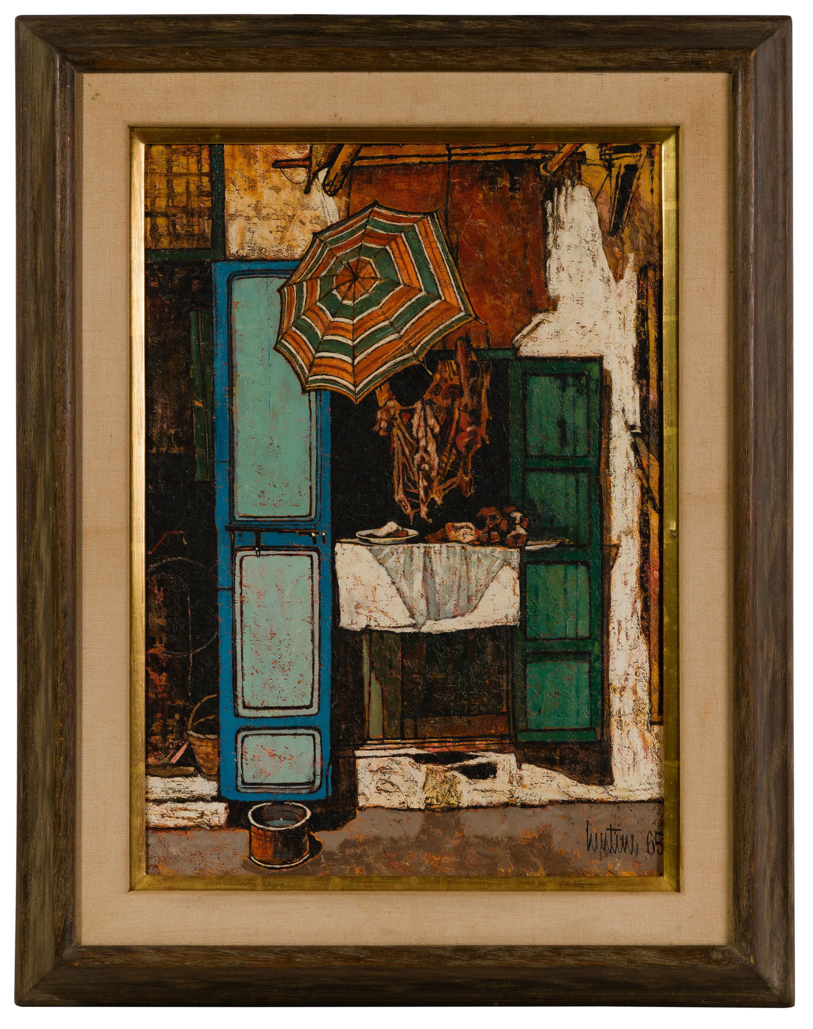 John Lentine (American, 1930-1968) Oil on Canvas: John Lentine (American, 1930-1968) Oil on Canvas 1965, signed lower right, depicting a half door with a table cloth and plate of food shaded by an umbrella, in a wood f