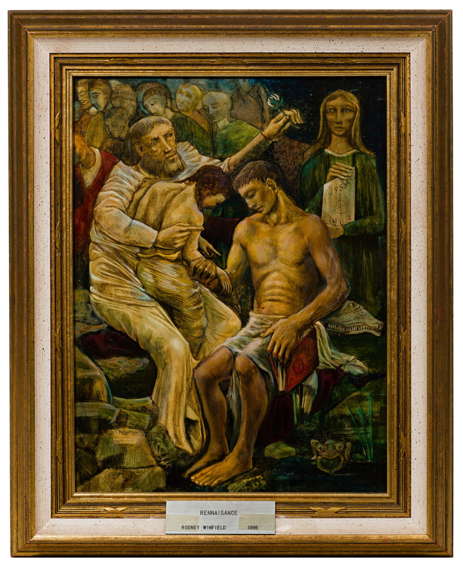 Rodney Winfield (American, 1925-2017) 'Renaissance' Oil: Rodney Winfield (American, 1925-2017) 'Renaissance' Oil on Board 1963, signed lower left, a surrealist vision of a religious scene having a iconographic landscape, in a