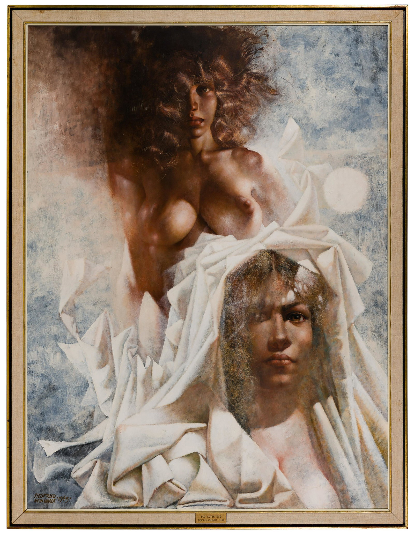 Siegfried Gerhard Reinhardt (American, 1925-1984) 'Ego: Siegfried Gerhard Reinhardt (American, 1925-1984) 'Ego Alter Ego' Oil on Board 1965, signed and dated lower left, depicting (2) females in a misty state of dishabille;
