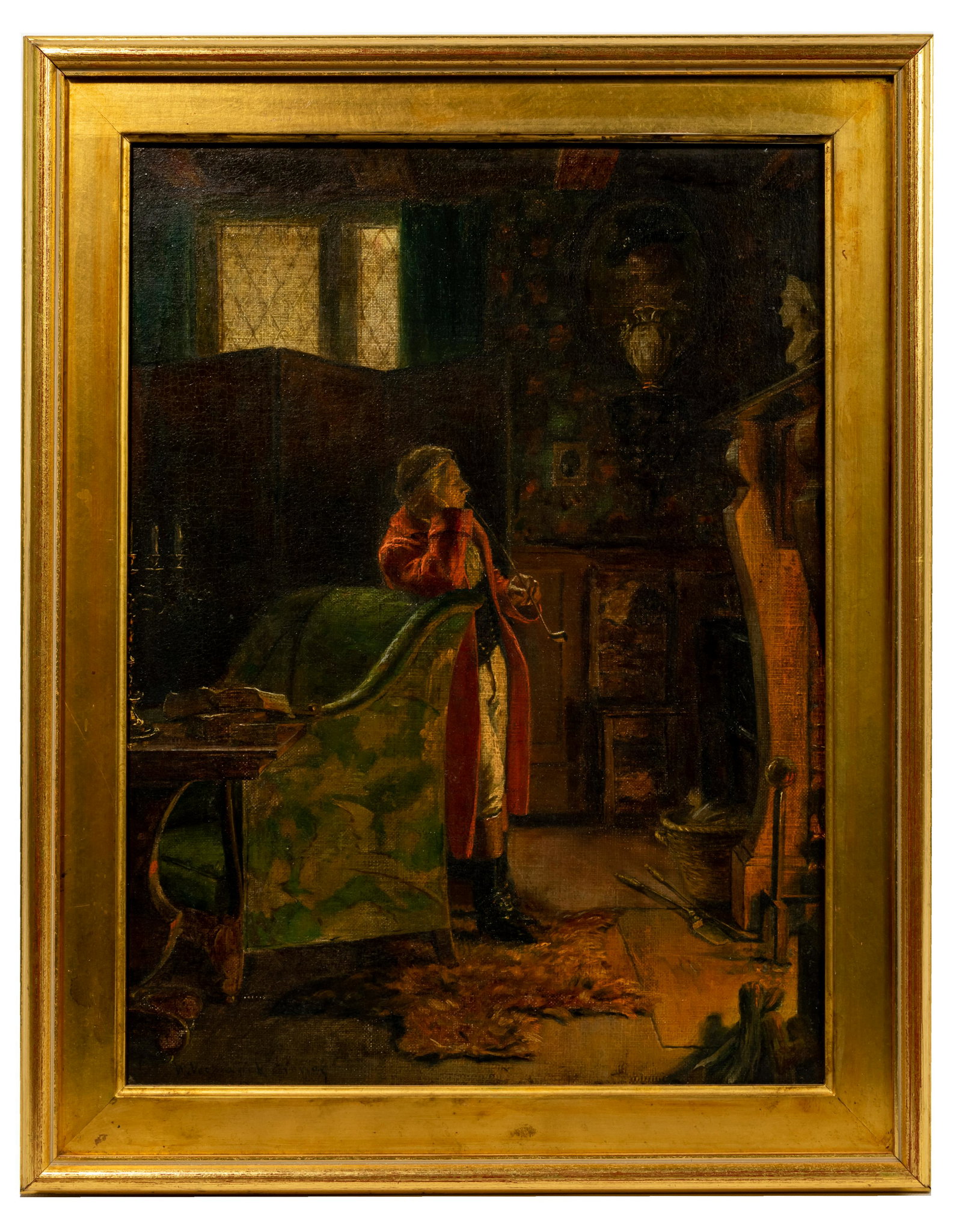 William Verplanck Birney (American, 1858-1909) Oil on: William Verplanck Birney (American, 1858-1909) Oil on Canvas Undated, signed lower left, an interior depiction of an aristocrat smoking a pipe by a fireplace, gold-tone