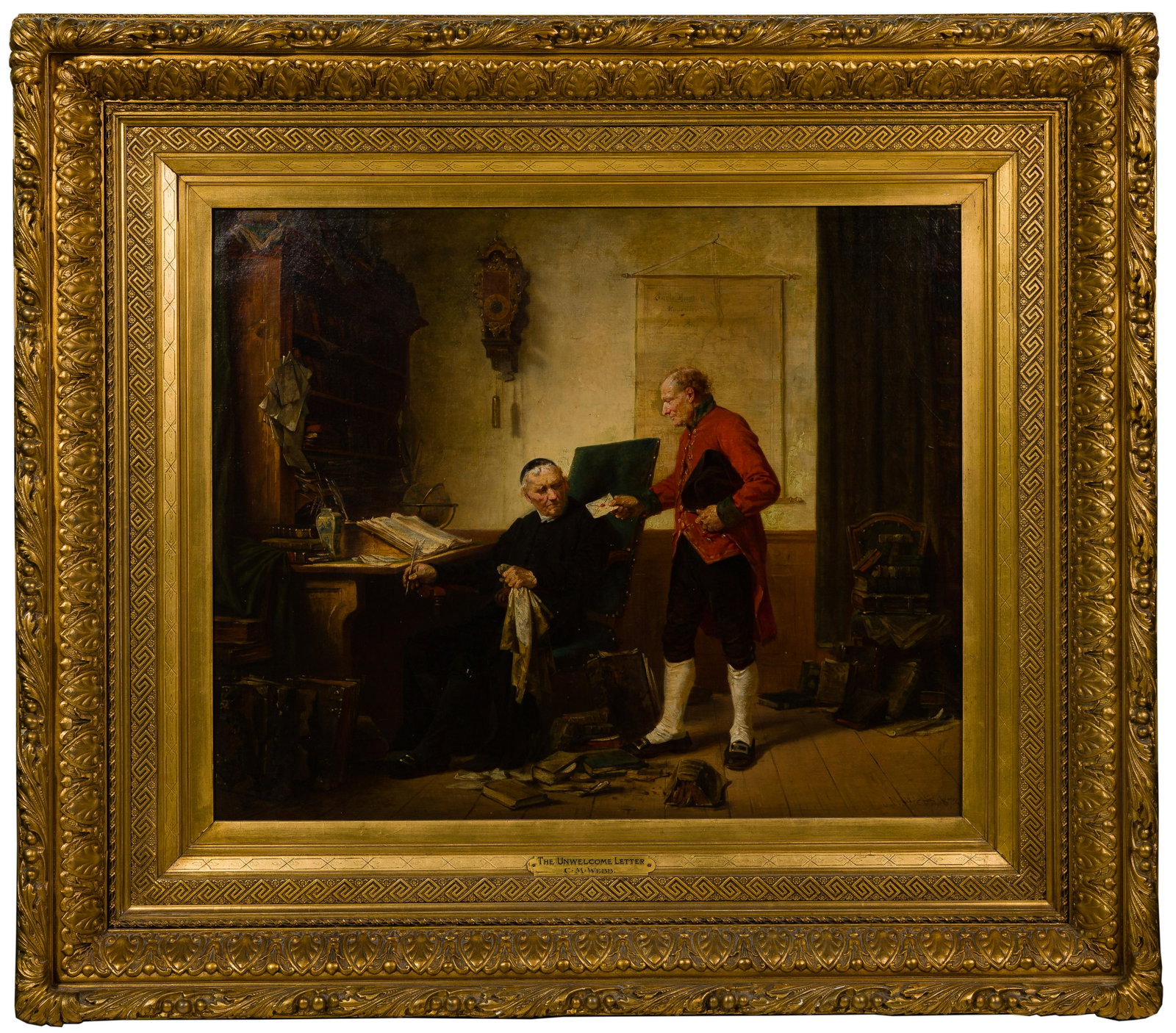 Charles Meer Webb (British, 1830-1895) 'The Unwelcome: Charles Meer Webb (British, 1830-1895) 'The Unwelcome Letter' Oil on Canvas 1872, signed and dated lower right, depicting an interior scene of a courier handing a seale