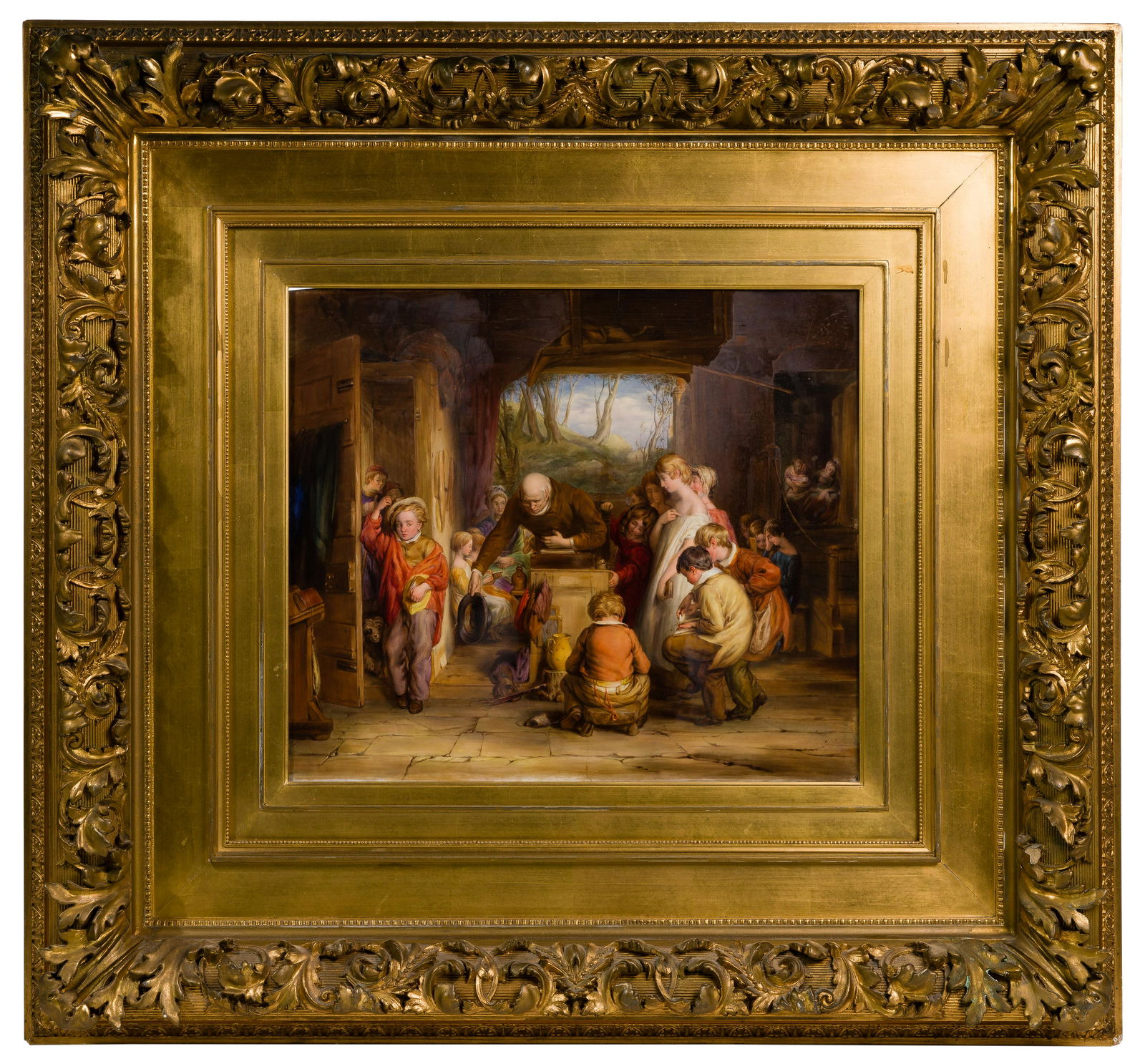 George Gray (English, fl.1854-1873) 'The Last In': George Gray (English, fl.1854-1873) 'The Last In' Porcelain Plaque 1859, signed and dated lower left, after William Mulready genre scene depicting multiple figures enci