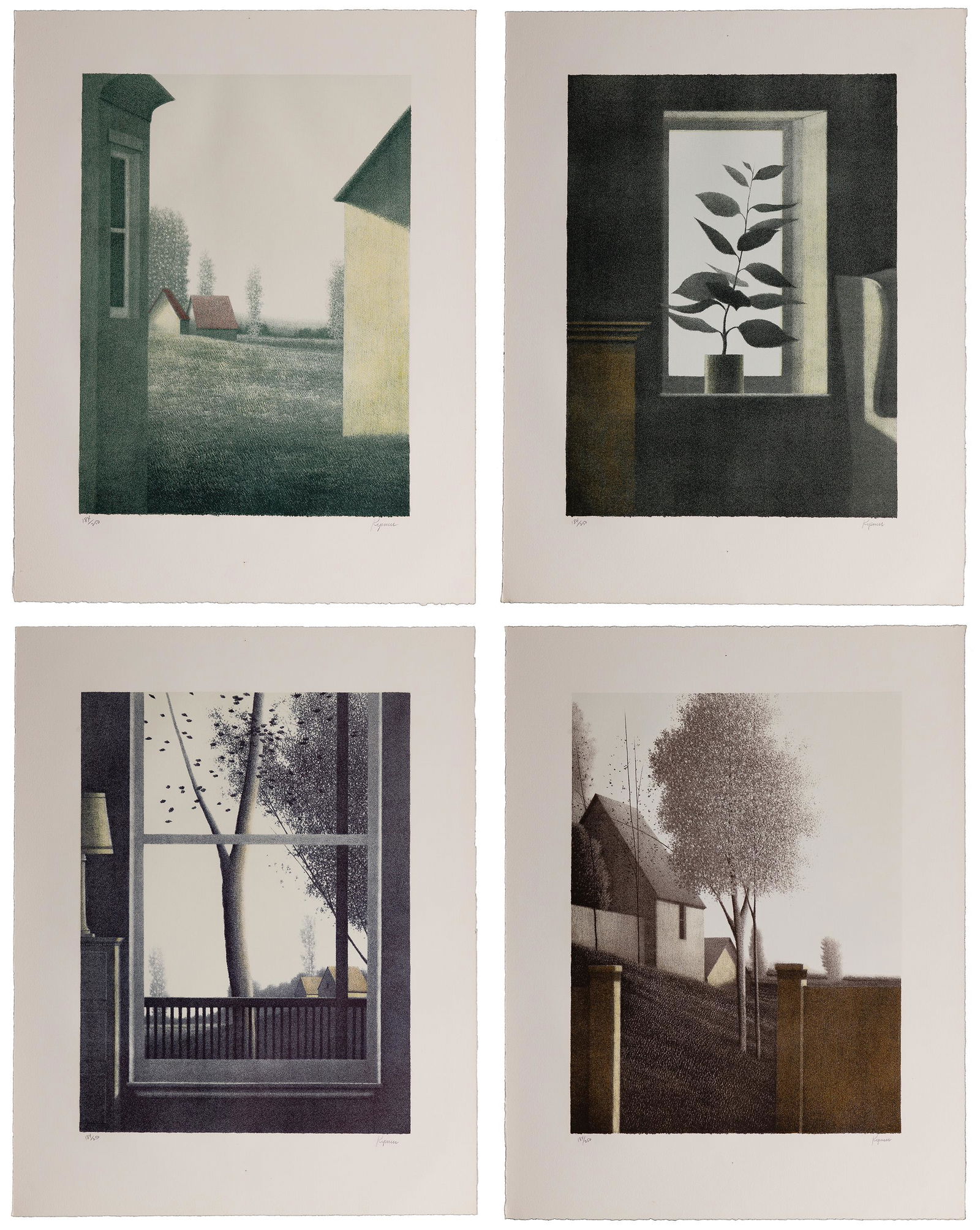 Robert Kipniss (American, b.1931) 'Interiors &: Robert Kipniss (American, b.1931) 'Interiors & Backyards' Lithograph Suite Set of (4) prints, 1977, each signed lower right margin and #184/250 lower left margin, publi