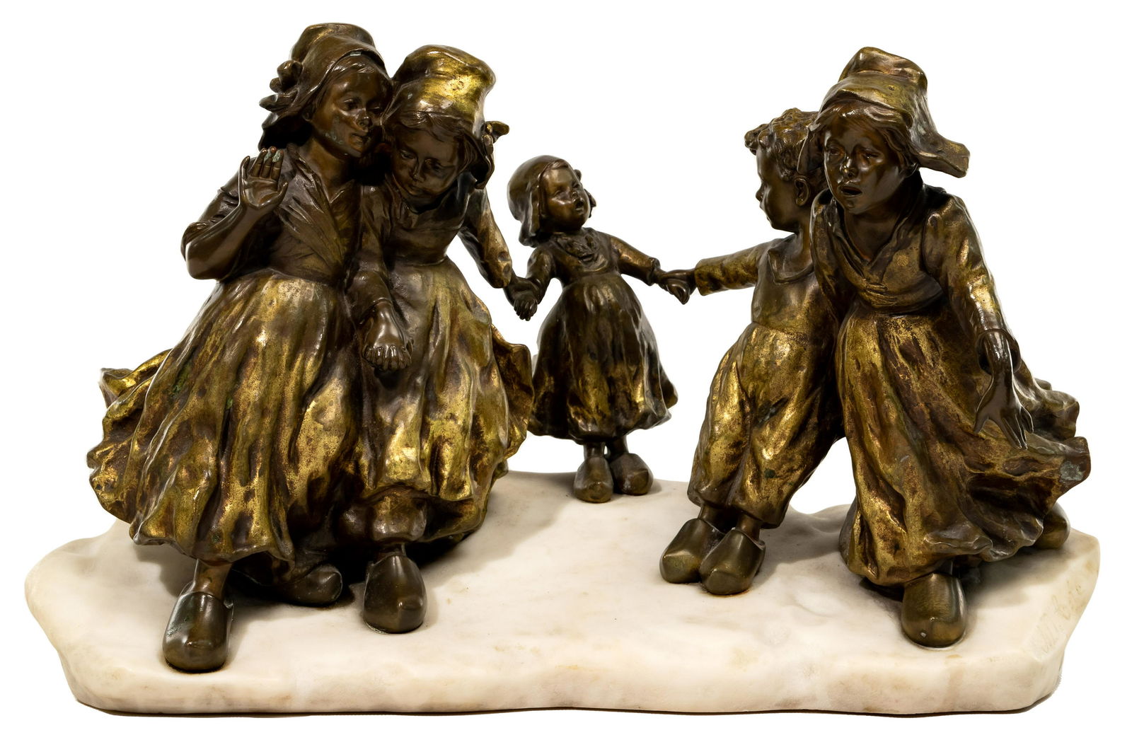 J D'Aste (Italian, 1881-1945) Bronze Statue: J D'Aste (Italian, 1881-1945) Bronze Statue Undated, signed right edge of base, depicting five young Dutch children in wooden shoes; on a white marble base Pro