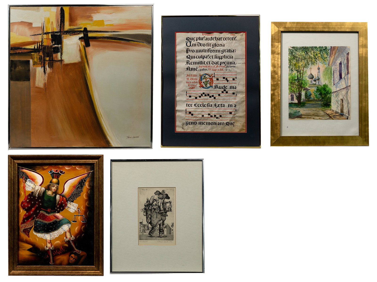Artwork Assortment: Artwork Assortment (4) items including Tom Hayward (American, 20th century) abstract oil on canvas; Medieval illuminated hymn on vellum; Kohegyi Gyula (Hungarian, b.193