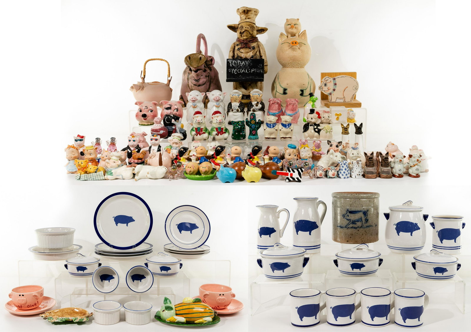 Pig-Themed Kitchen Assortment: Pig-Themed Kitchen Assortment Over (75) items including salt and pepper shakers, tea pots, table wear, pitchers, serving pieces in various shapes, colors and sizes, all
