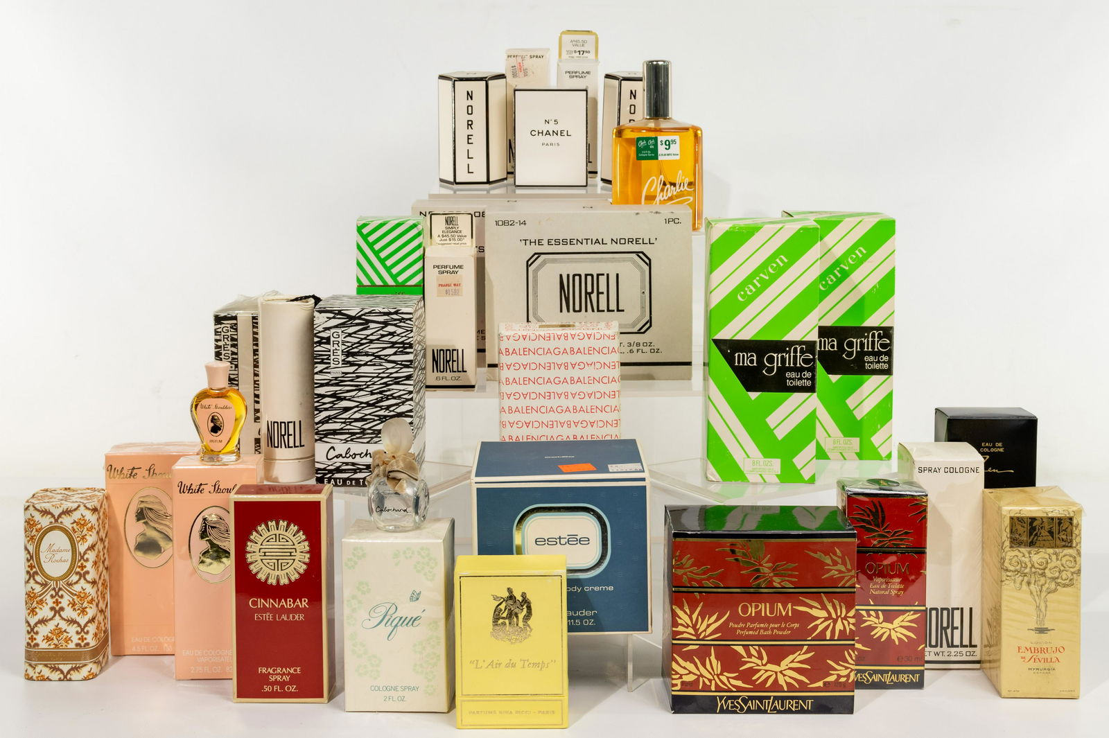 Perfume Assortment: Perfume Assortment (28) items, perfume concentrate including 'Chanel No.5', 'L' Air du Temps', 'White Shoulders', 'Madame Rochas' and 'Norelle', all but (1) having orig