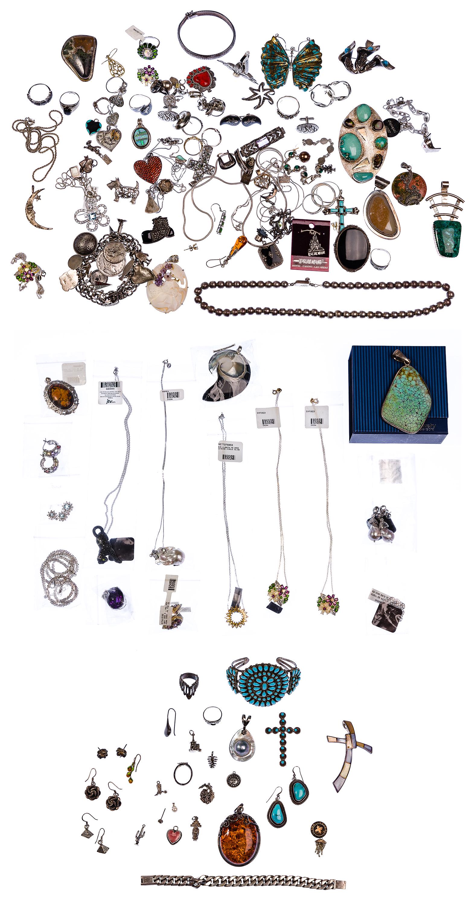 Sterling Silver Jewelry Assortment: Sterling Silver Jewelry Assortment Approximately (140) items including rings, brooches, earrings, pins, bracelets, necklaces, charms, chains, pendants and charm bracele