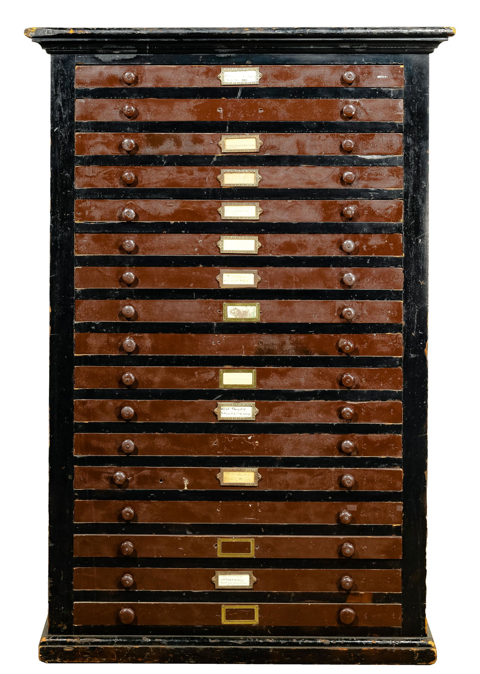 Painted Wood Flatfile Printer Cabinet: Painted Wood Flatfile Printer Cabinet Late 19th / early 20th century, (17) drawers, most having a metal label affixed to the front, painted black and brown, adhesive ve