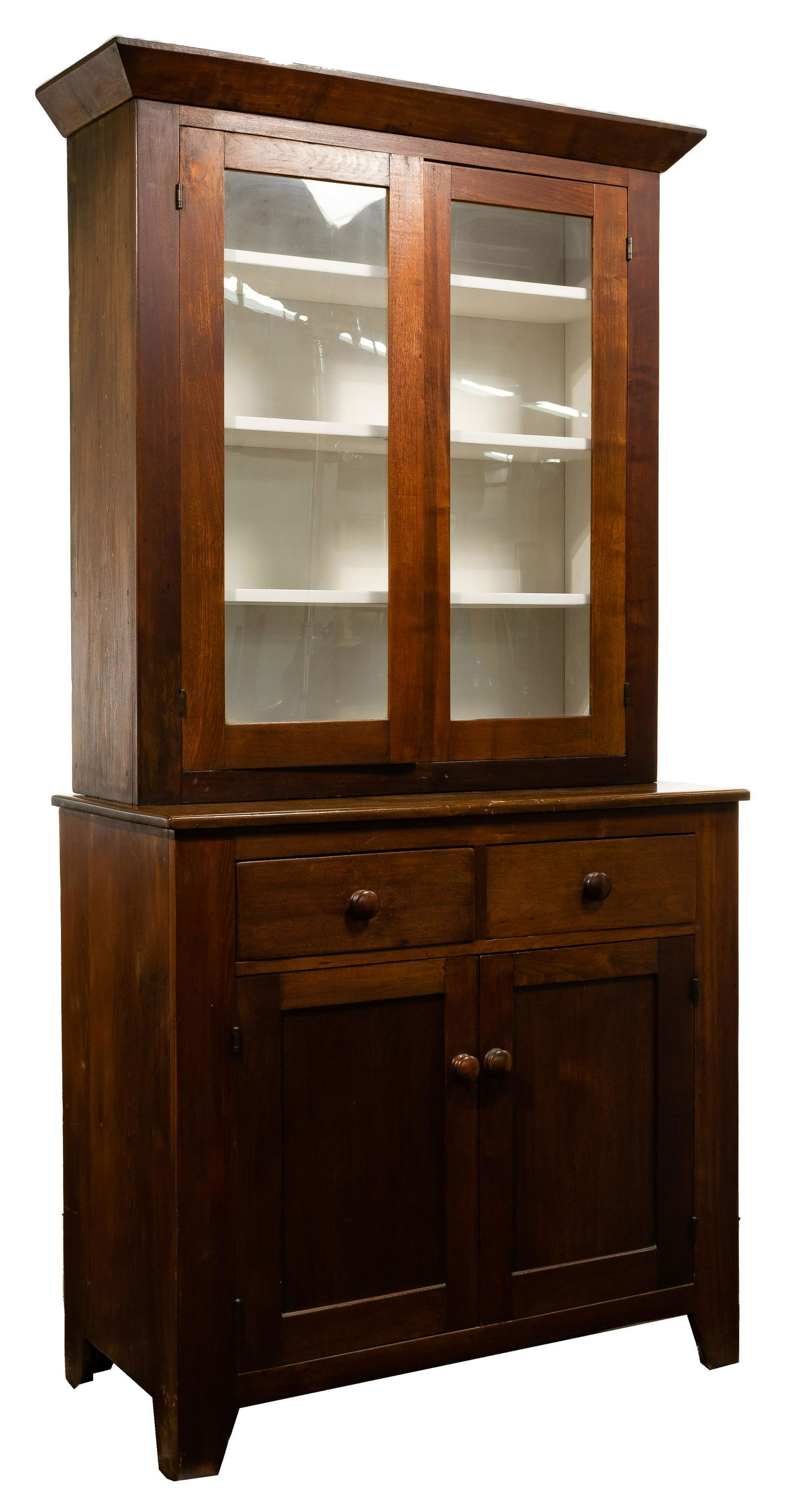 Shaker Style Wood Hutch: Shaker Style Wood Hutch Having (2) glass doors opening to (3) stationary shelves setting on a base having (2) dovetailed drawers over (2) doors opening to a stationary