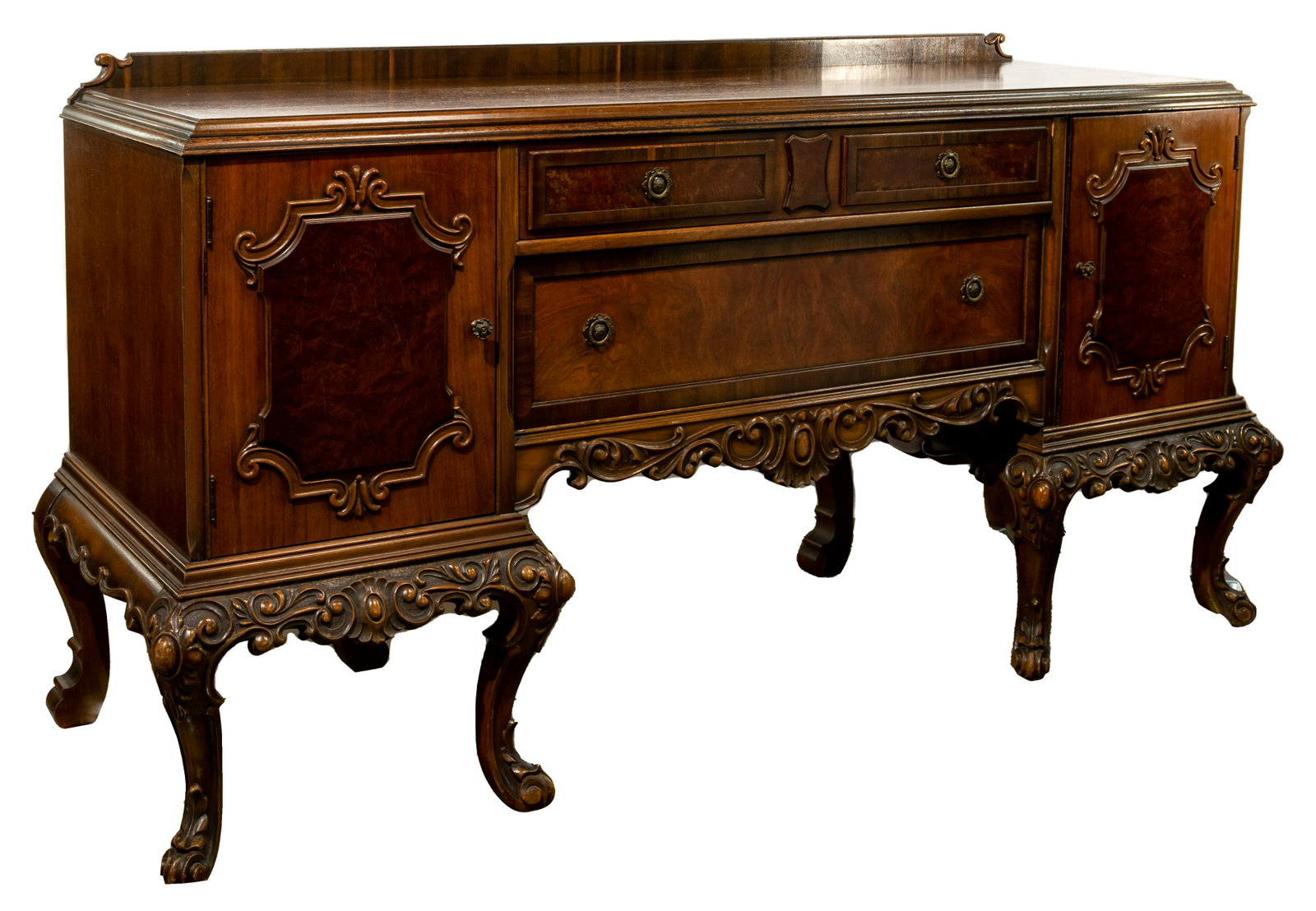 Victorian Style Buffet: Victorian Style Buffet Having carved cabriole legs and skirt with (2) side doors each having burled cartouche centers and (2) center drawers having burled wood fronts,