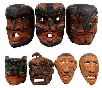 North American Indian Kwakiutl Wood Mask Assortment: North American Indian Kwakiutl Wood Mask Assortment (7) items; (3) artist signed on backside including Tony Hunt Sr. (Canadian, 1961-2017) carved and painted wood havin