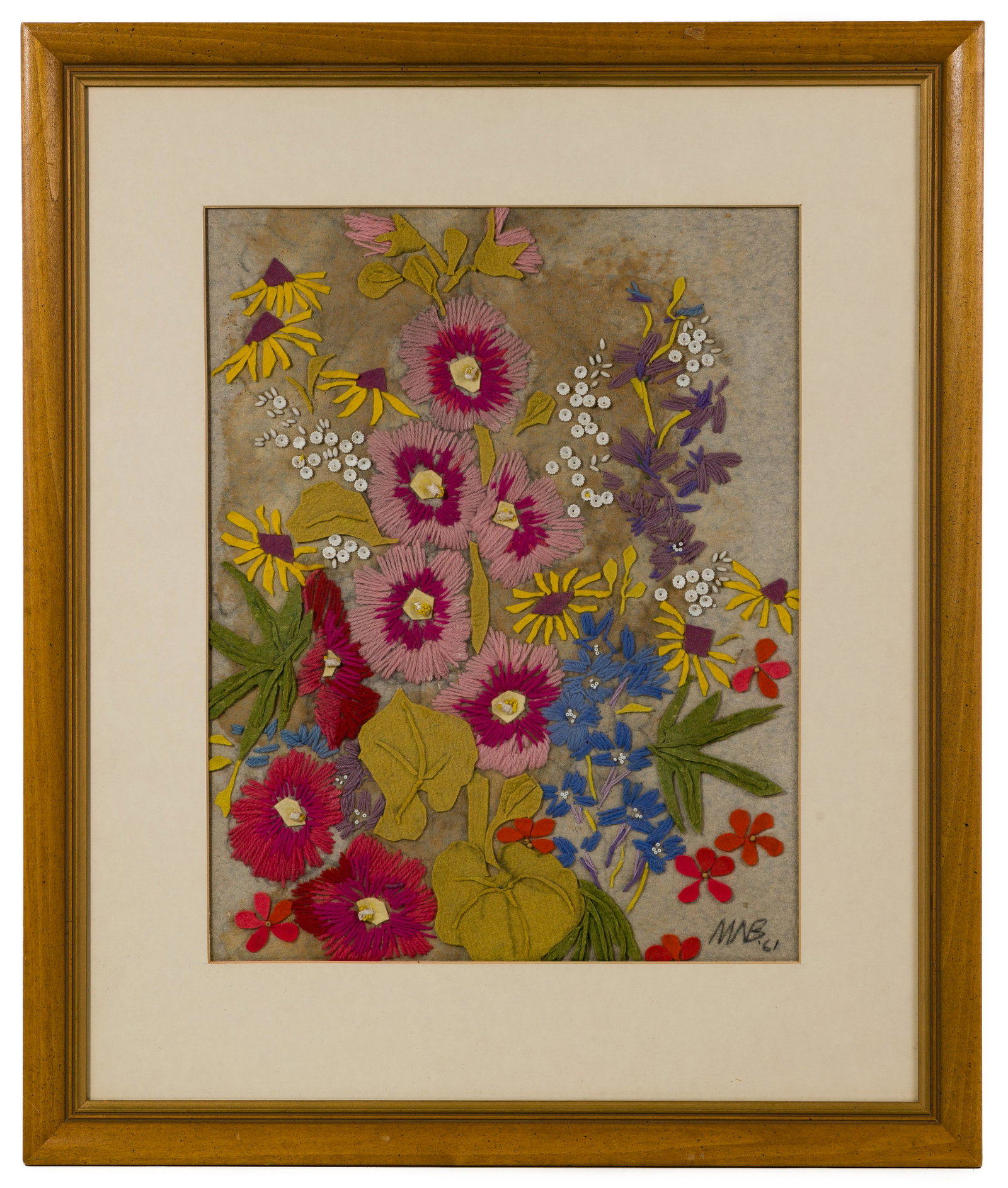 Maginel Wright Barney (American, 1881-1966) Felt: Maginel Wright Barney (American, 1881-1966) Felt Collage 1961, monogrammed and dated lower right, depicting a colorful floral composition in fabric, crewel work, applie