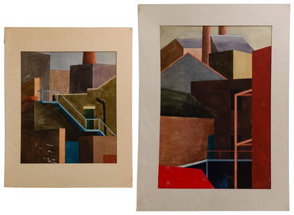 Richard Harold Redvers Taylor (British, 1900-1975): Richard Harold Redvers Taylor (British, 1900-1975) Gouache and Watercolor on Paper Collection (2) works, initial signed lower right and lower left, each depicting abstracted buildings with an