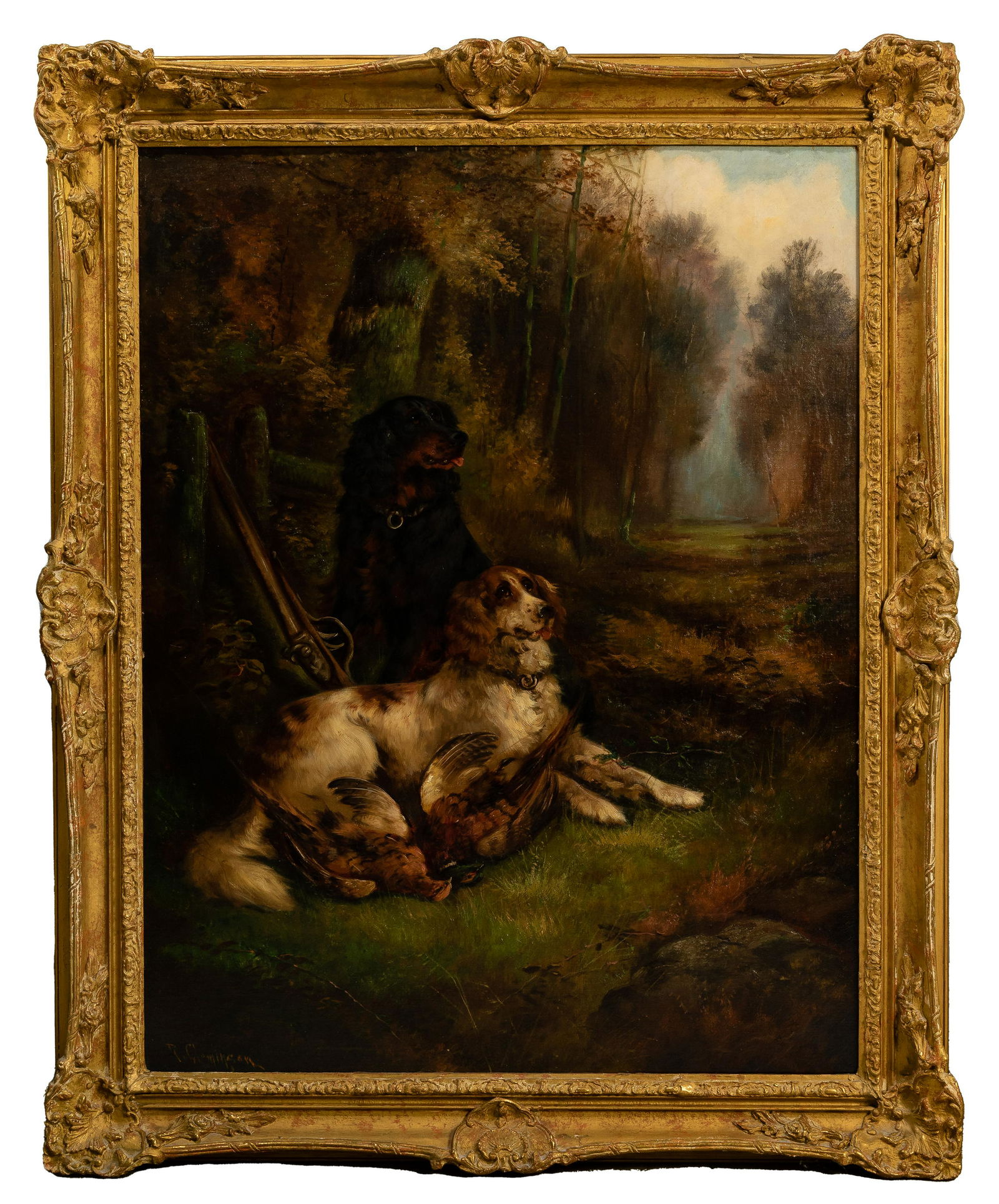Robert Cleminson (British, fl.1864-1903) Oil on Canvas: Robert Cleminson (British, fl.1864-1903) Oil on Canvas Undated, signed lower left, depicting a pair of hunting spaniels, a pheasant and a gun in a landscape, in a gold-
