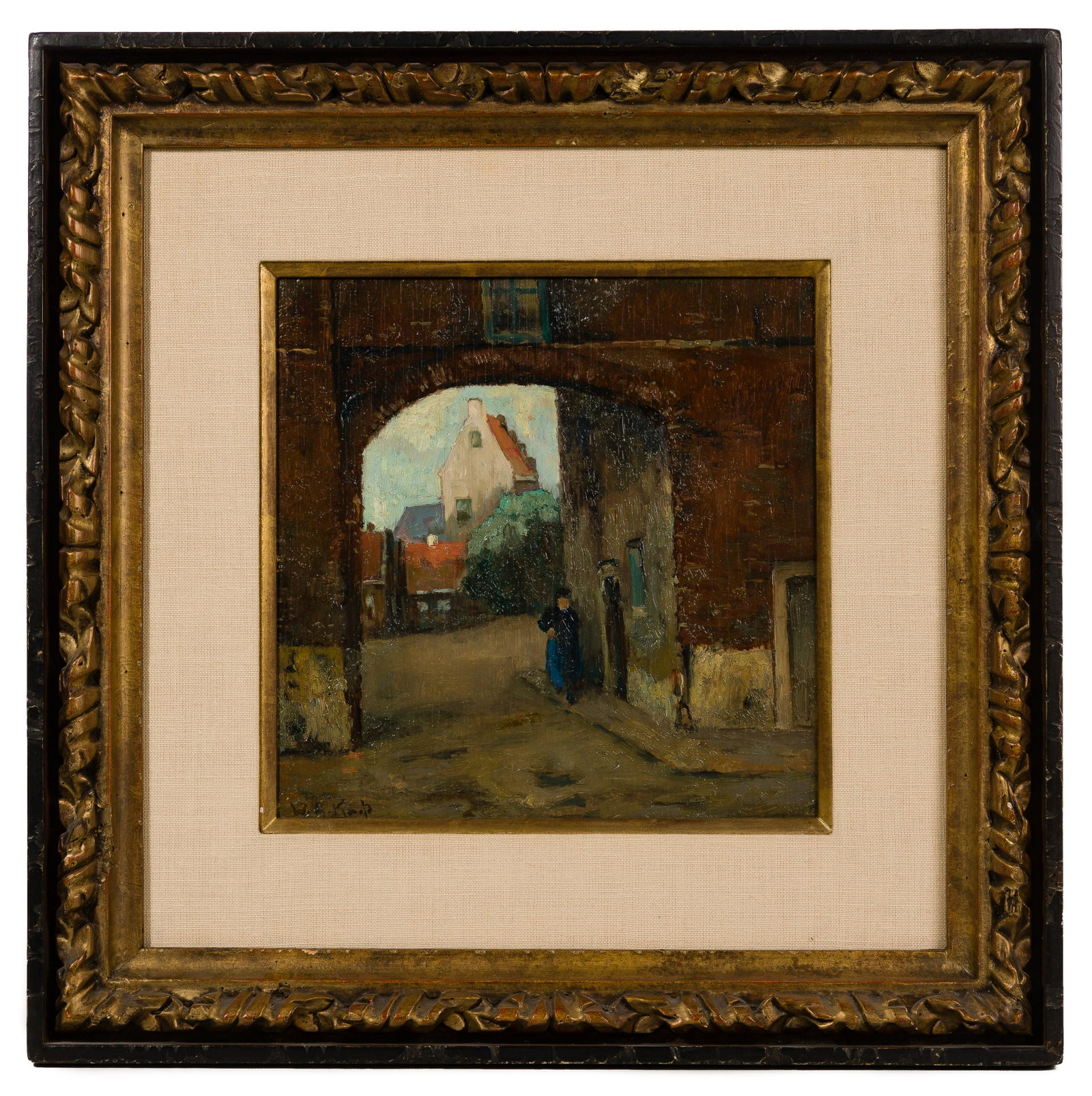 Willem Knip (Dutch, 1883-1967) Oil on Panel: Willem Knip (Dutch, 1883-1967) Oil on Panel Undated, signed lower left, a cityscape depicting a view through a brick archway, building lined street and figure walking,