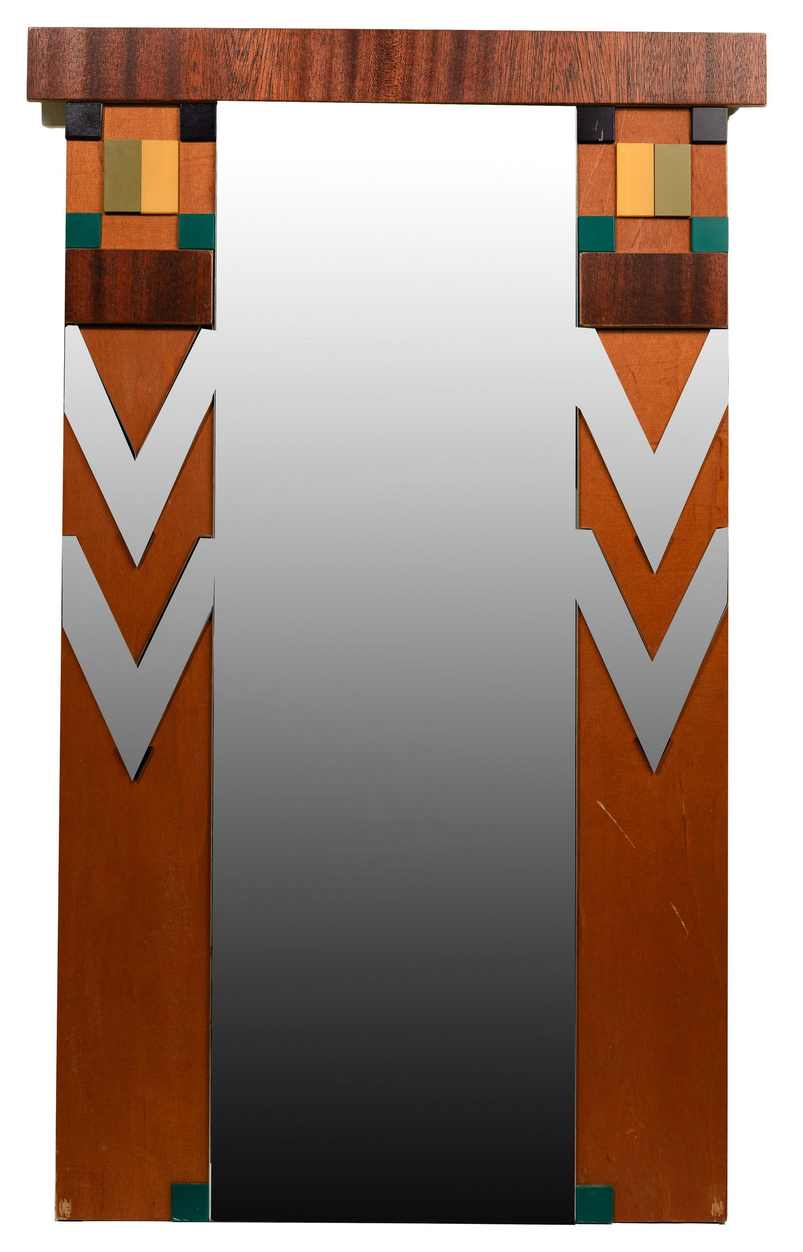 David Marshall Art Deco Style Wall Mirror: David Marshall Art Deco Style Wall Mirror Undated, signed lower right, having central rectangular mirror flanked by chevrons, including additional non-mirrored mosaic s