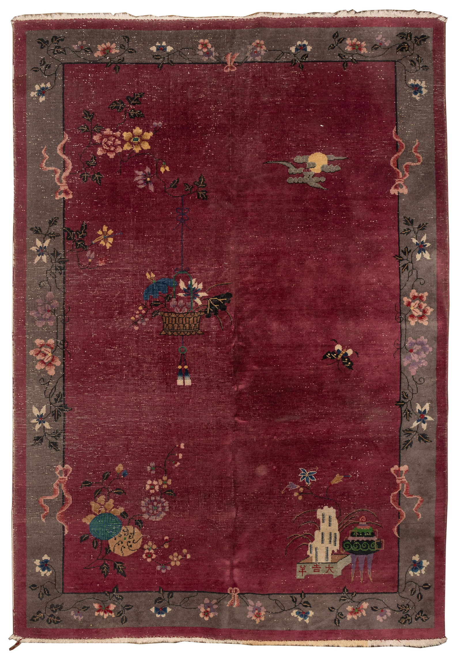 Chinese Art Deco Style Wool Rug: Chinese Art Deco Style Wool Rug Hand knotted, having a pictorial, floral and moon design, in the hues of grey, wine, lavender and cream on a purple field, fringe <