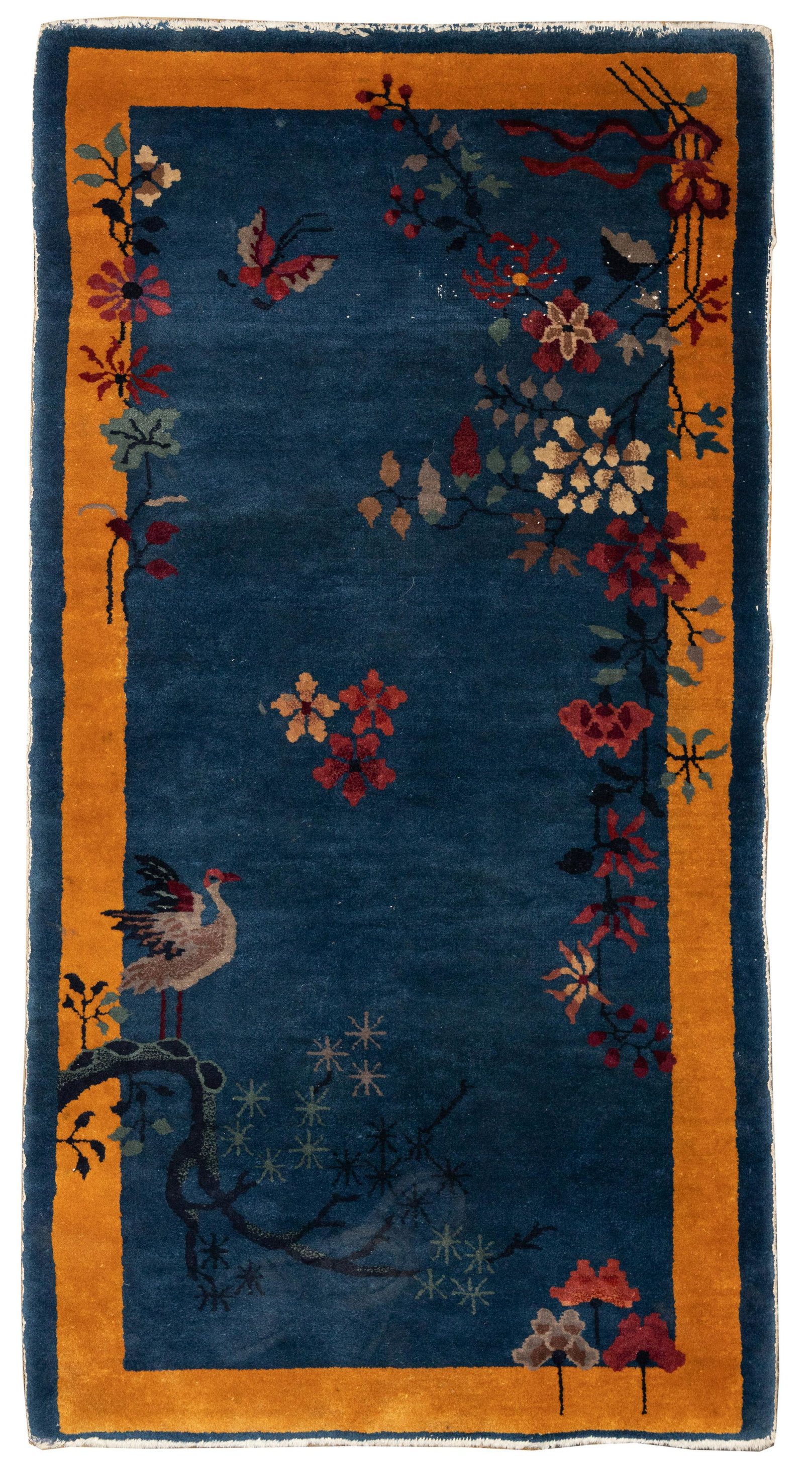 Chinese Art Deco Style Wool Rug: Chinese Art Deco Style Wool Rug Hand knotted, having a floral and butterfly design, in the hues of gold, wine, green and cream on a blue field, fringe Length: