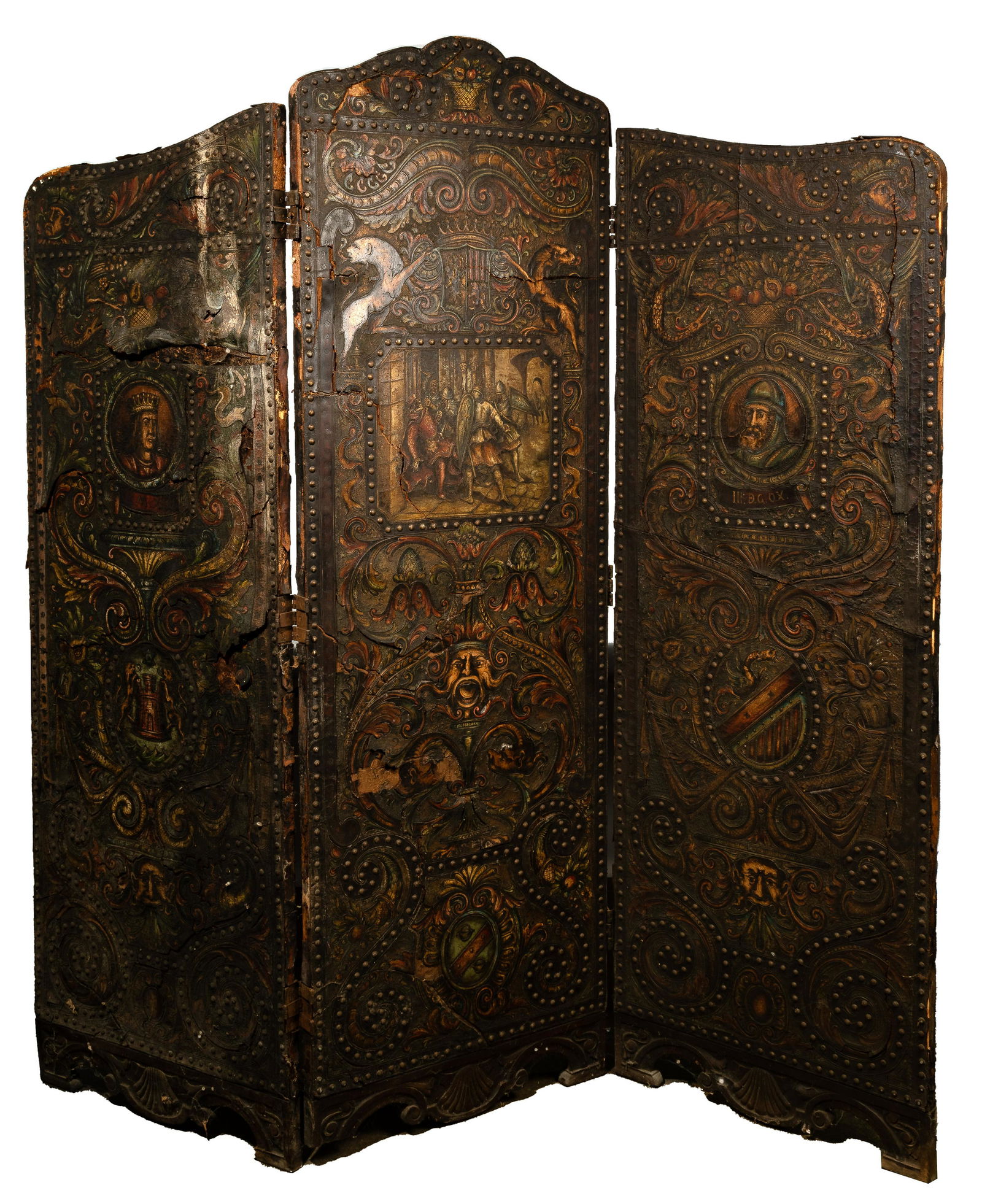 European Style Embossed Leather and Wood Room Divider (1 of 1)