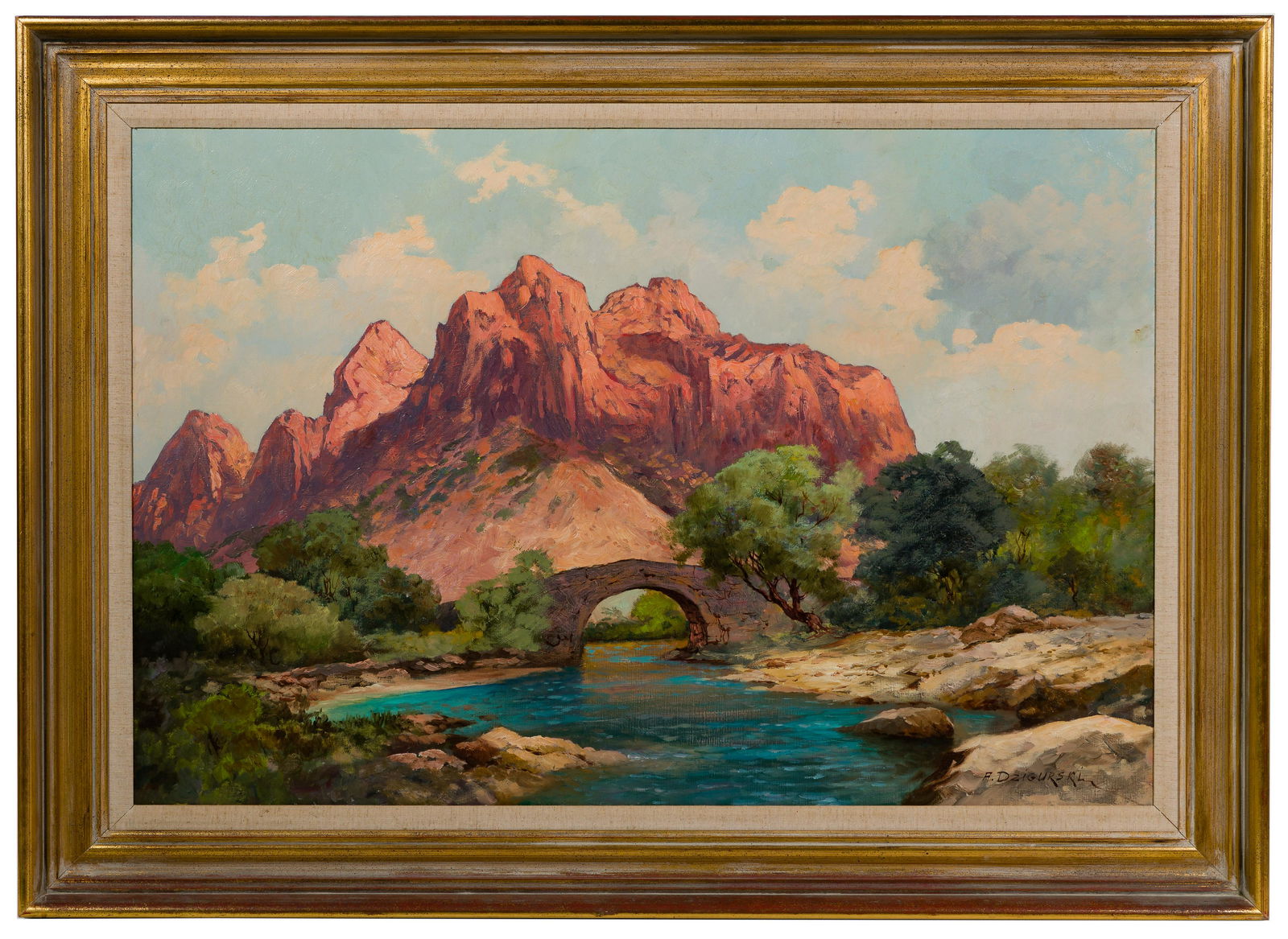 Alexander Dzigurski (American, 1911-1995) 'Zion: Alexander Dzigurski (American, 1911-1995) 'Zion National Park' Oil on Canvas Undated, signed lower right, depicting a river flowing through an arching stone bridge with