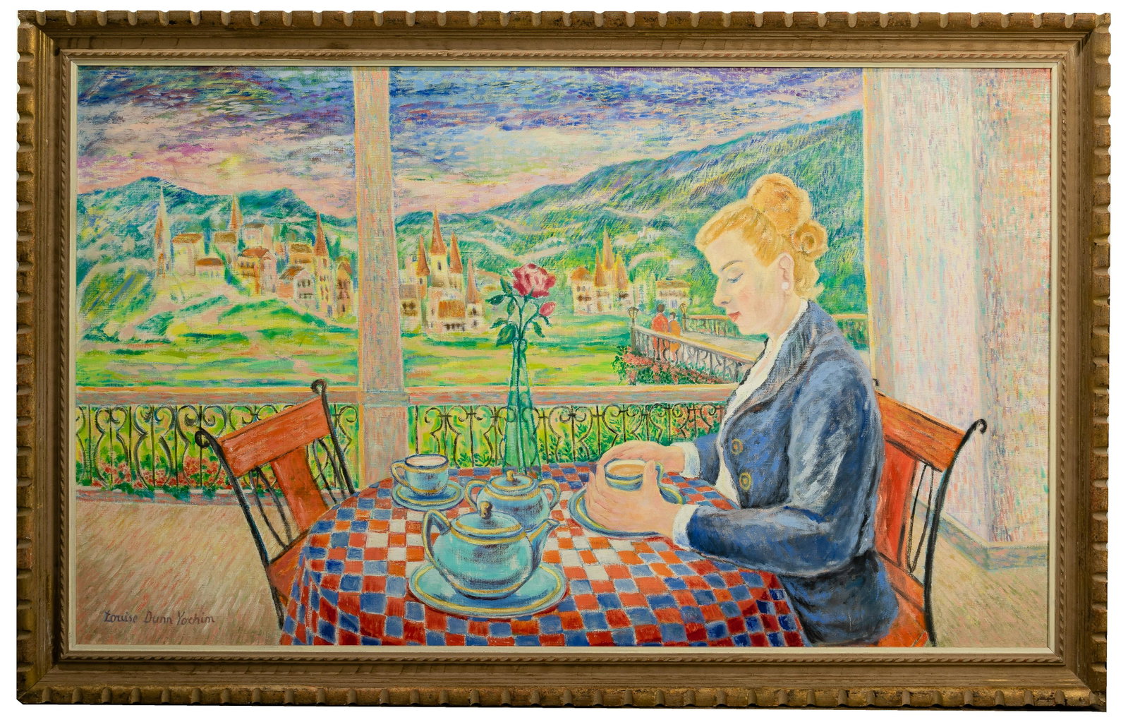 Louise Yochim (Ukrainian / American, 1909-2003) 'In: Louise Yochim (Ukrainian / American, 1909-2003) 'In Lucerne' Oil on Canvas Undated, signed lower left, depicting a seated female figure having tea on a balcony overlook