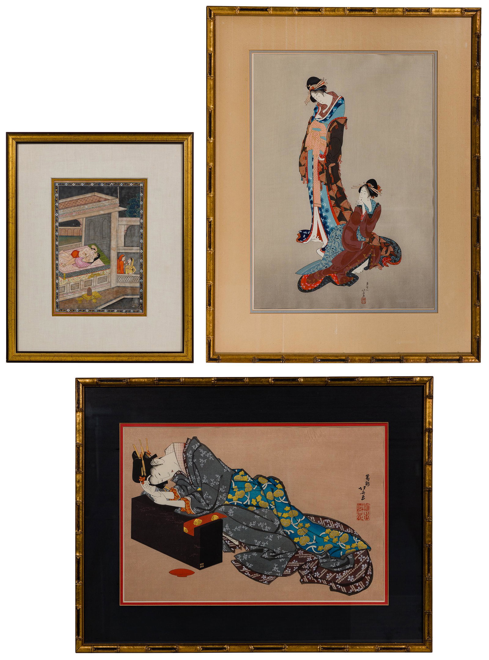 Japanese Woodblock Print Assortment: Japanese Woodblock Print Assortment (2) pieces having printed signatures and chop seals including a depiction of a reclining geisha in traditional garb and the other de