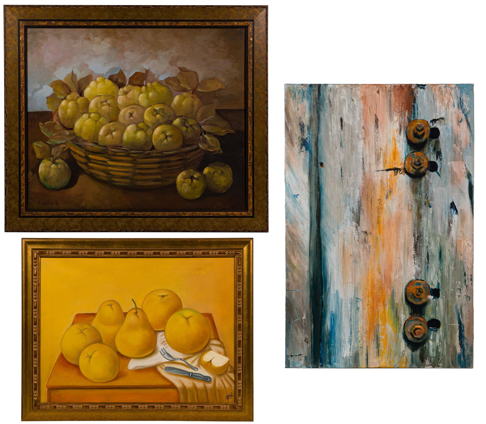 Oil on Canvas Assortment: Oil on Canvas Assortment (3) items including 2003, 'Bolted II' by Tina Fernandez, signed, dated and titled en verso depicting an abstracted door having (4) round bolts,