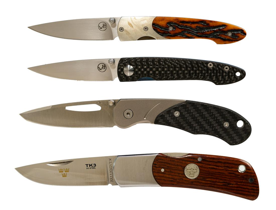 William Henry, Fallkniven and Xicar Custom Knife: William Henry, Fallkniven and Xicar Custom Knife Assortment (4) folding items, all having original packaging including (2) liner locks having 2.65-inch satin finished d