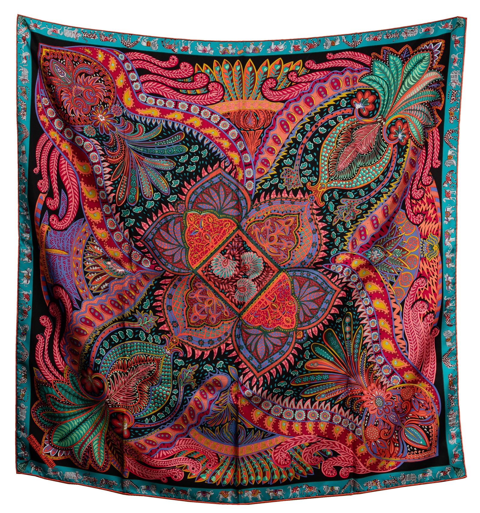 Hermes 'Maharani Garden' Silk Twill Scarf: Hermes 'Maharani Garden' Silk Twill Scarf Square scarf having a Persian floral medallion motif and animal border in shades of green, pink and black; including original