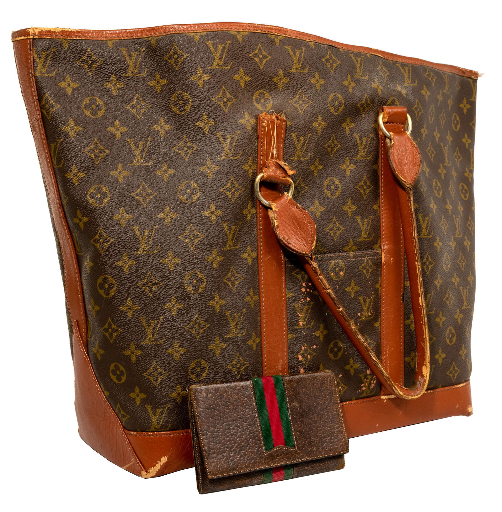 Louis Vuitton Sac Weekender Tote and Gucci Wallet: Louis Vuitton Sac Weekender Tote and Gucci Wallet Having brown and tan monogram coated canvas, brass hardware, dual rolled top handles, cinnamon leather trim, dual exte