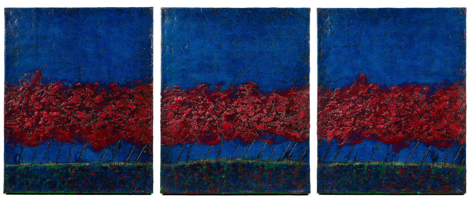 (Attribited to) Bill Zima (American, b.1961) Encaustic: (Attribited to) Bill Zima (American, b.1961) Encaustic on Burlap Triptych Undated, unsigned, (3) pieces comprising a triptych, each depicting abstracted red trees again
