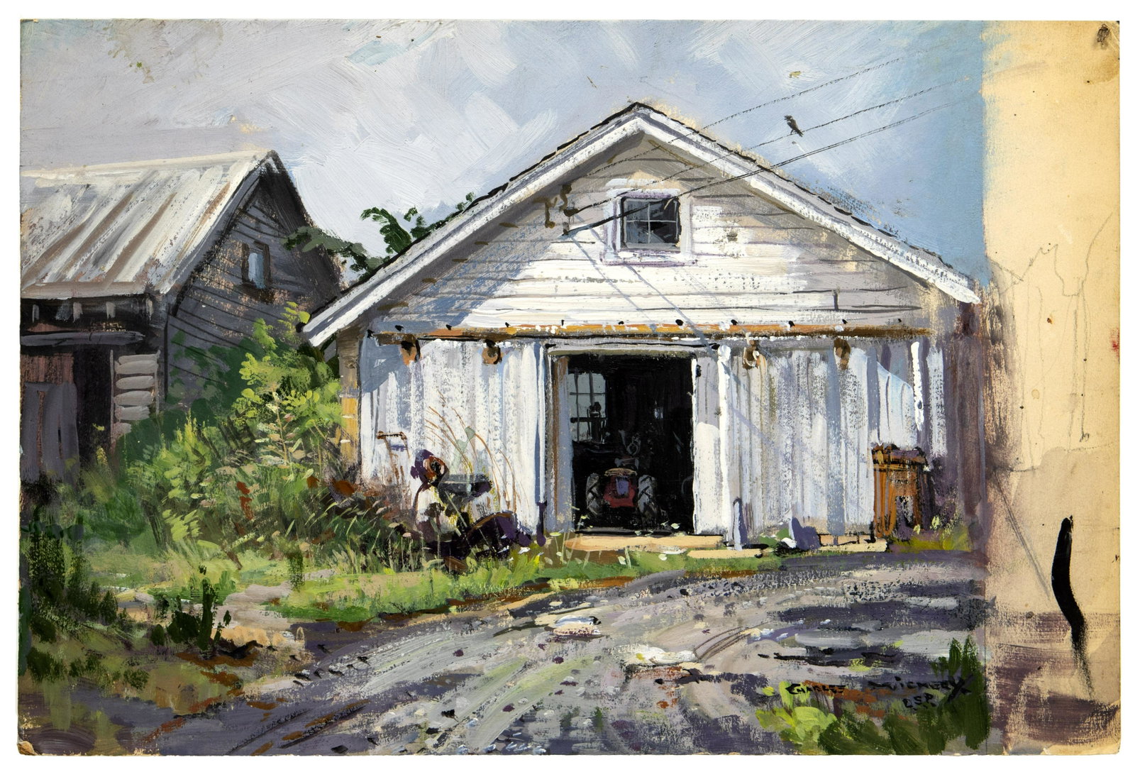 Charles Vickery (American, 1913-1998) Oil on: Charles Vickery (American, 1913-1998) Oil on Illustration Board Undated, signed 'Charles Vickery D.S.P.' lower right, depicting a barn with a red tractor; unframed; 'D.