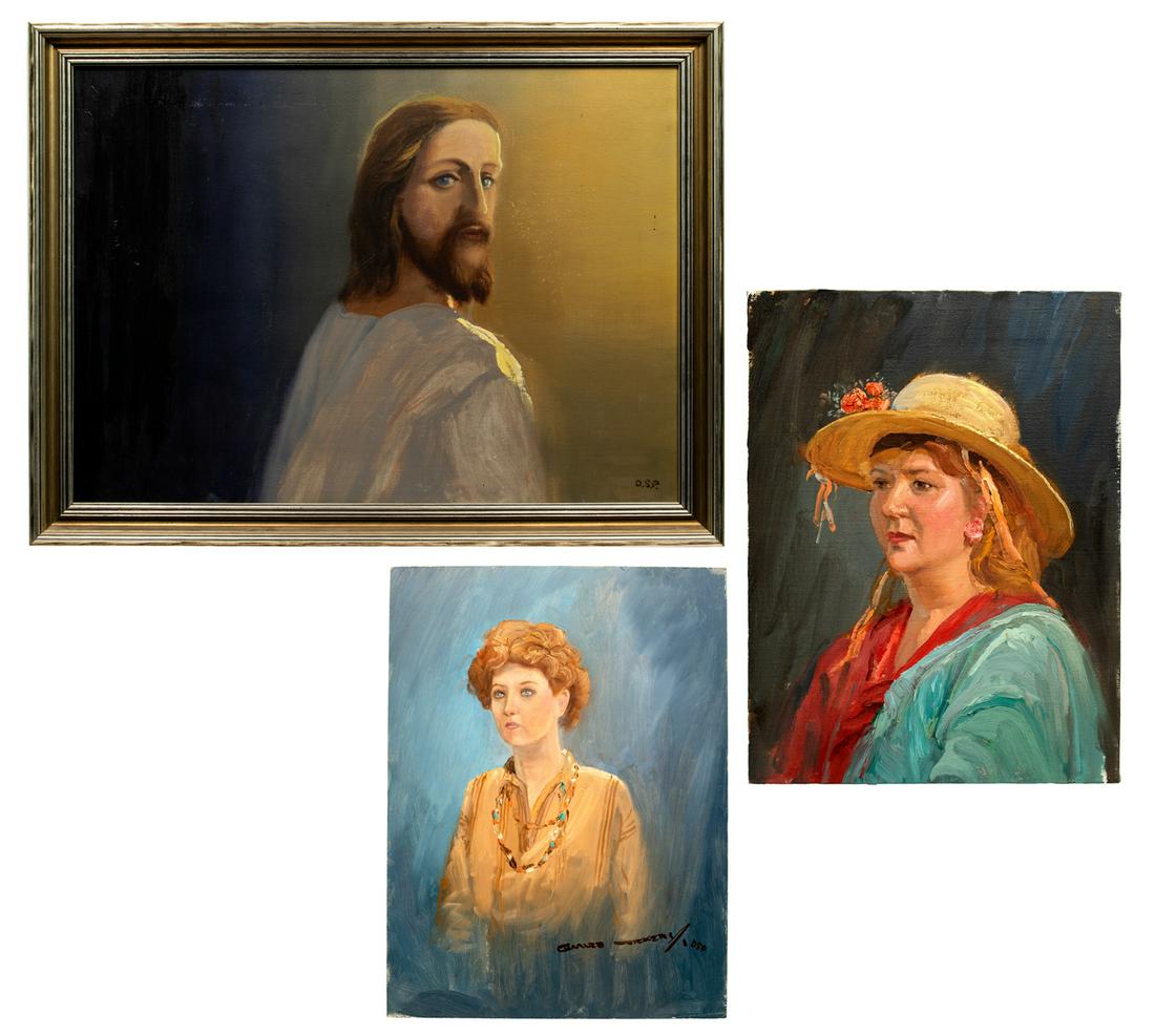 Charles Vickery (American, 1913-1998) Portrait: Charles Vickery (American, 1913-1998) Portrait Assortment (3) items including oil on masonite dated 1985 en verso, signed 'Charles Vickery DSP' lower right, depicting a