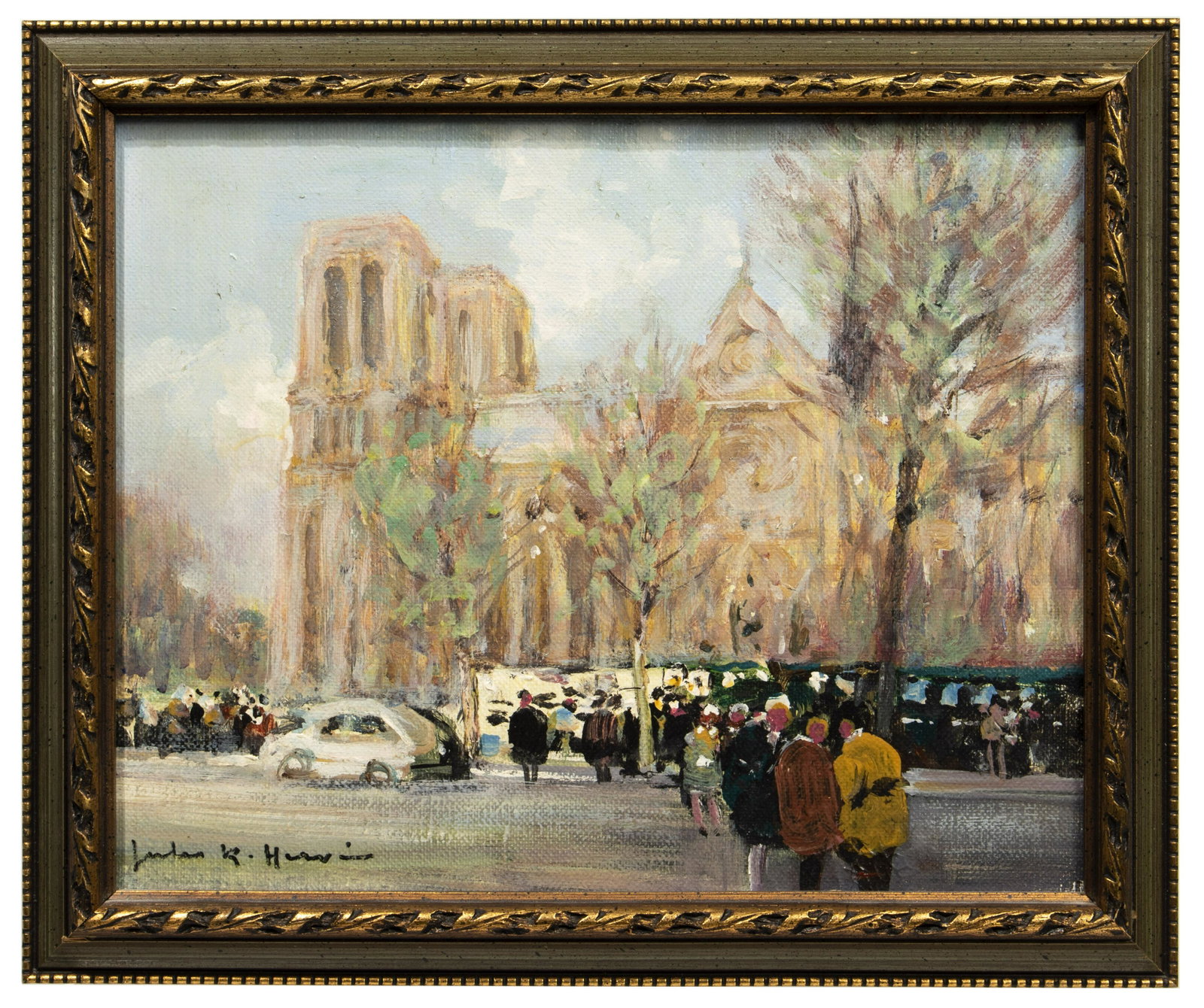 Jules Rene Herve (French, 1887-1981) Oil on Canvas: Undated, signed lower left, depicting a Parisian city-scape with Notre Dame in the background; in a gold-tone wood frame Height: 10 1/4 inches, Width: 10 1/4 inches (sight) Frame Size: 10 1/4 inches b